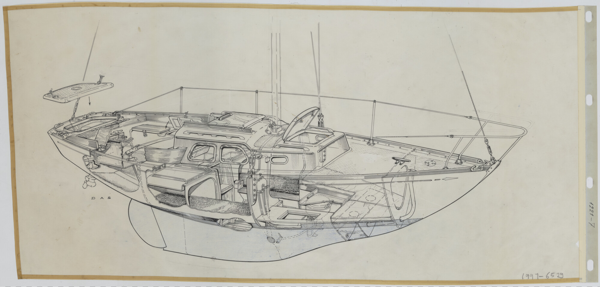 1997.6529; Opengewerkte perspectieftekening van het kajuitzeiljacht Meridian; technische tekening