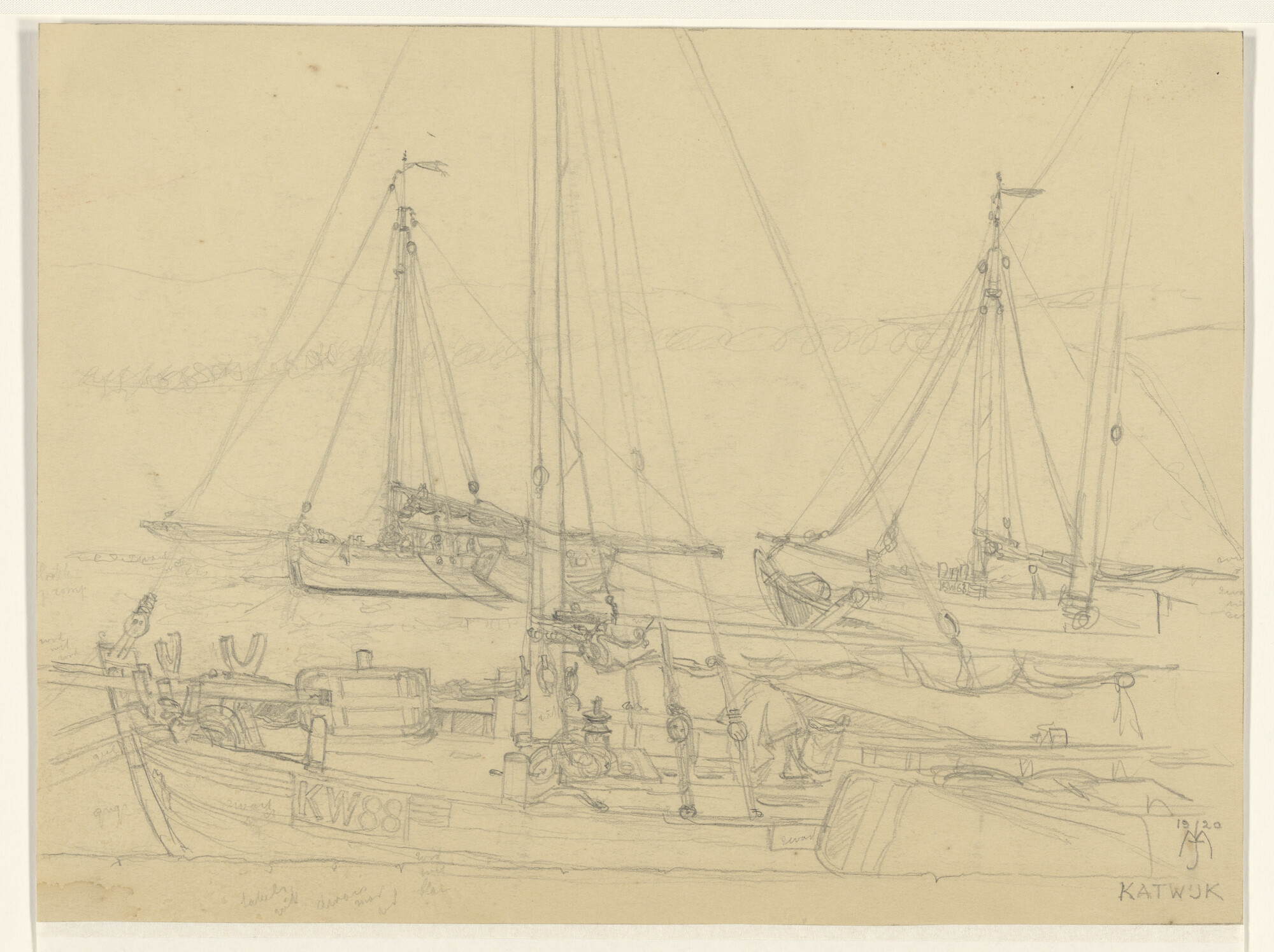 A.2583(05)3; De Katwijkse garnalenboot 'KW 88' afgemeerd aan de kade; tekening
