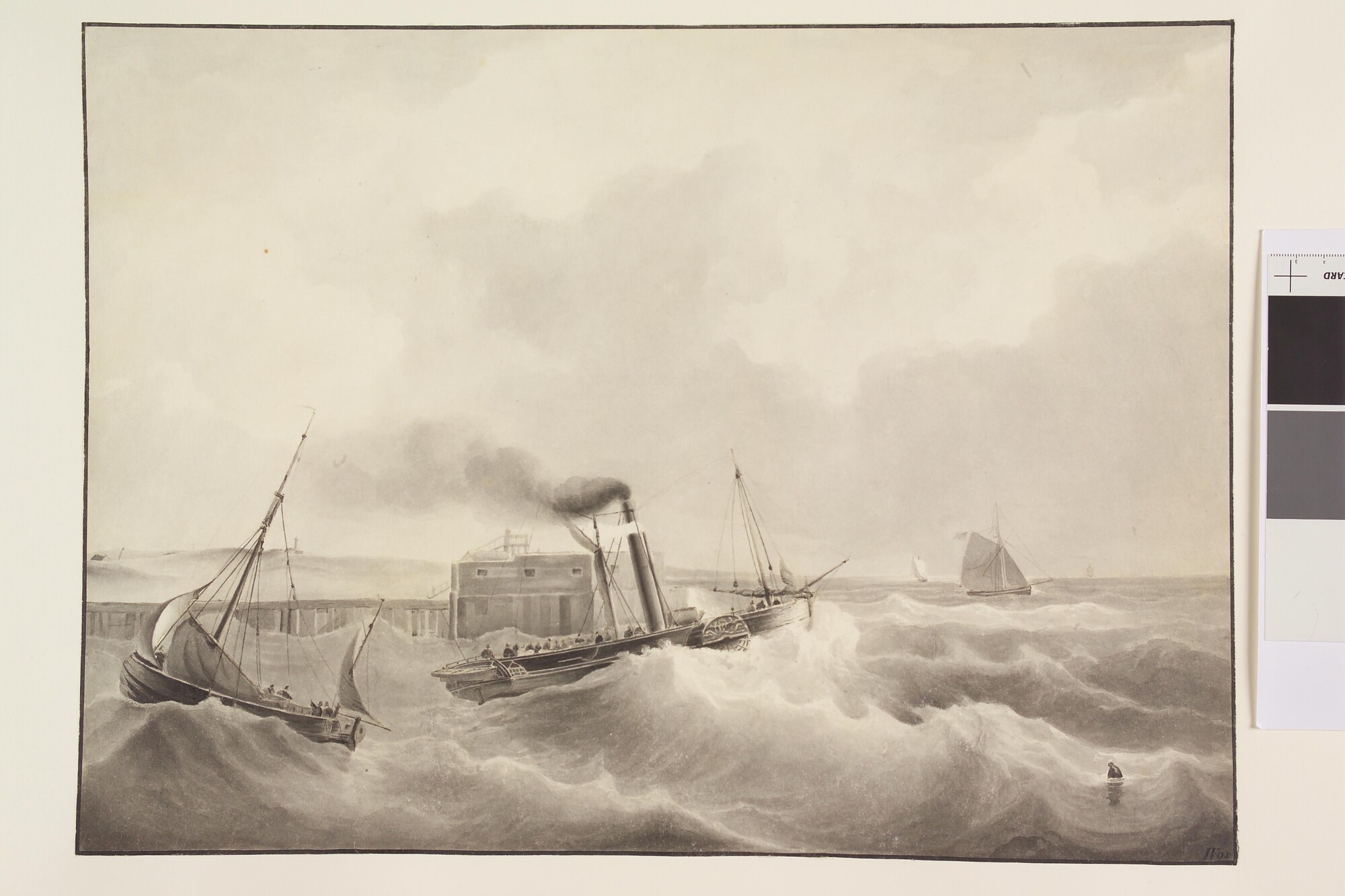 S.1286(08)2; Een raderstoomschip de haven uitvarend; tekening