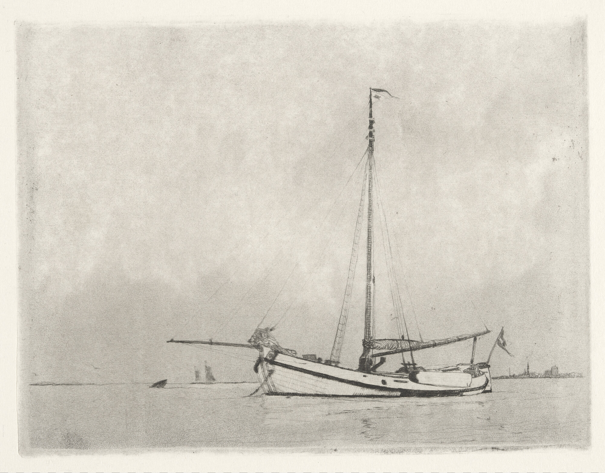 2008.0663; Een voor anker liggend lemsteraakjacht; prent