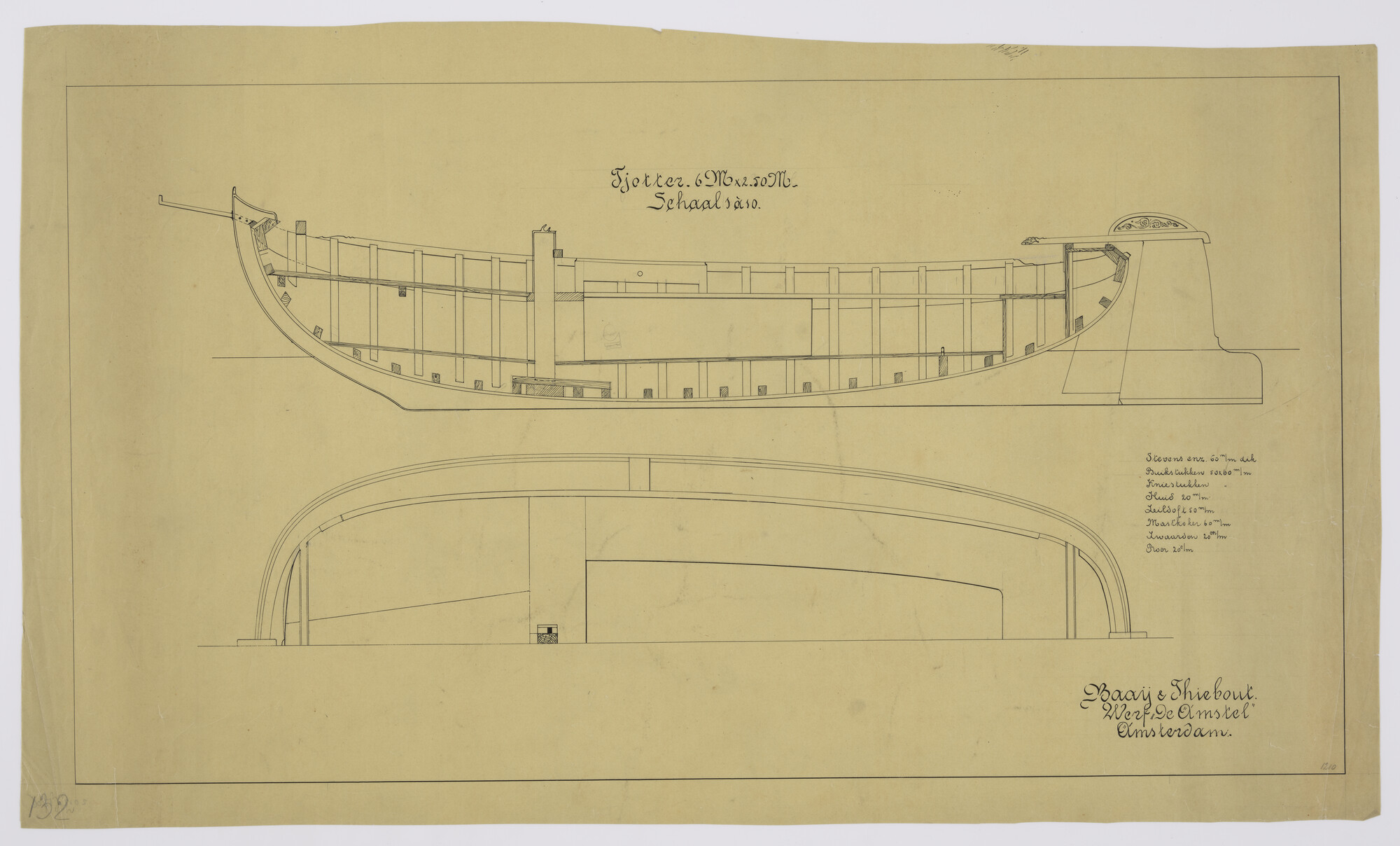 2012.1206; Constructieplan van de tjotter "Ouderhoek" van 6 meter; technische tekening