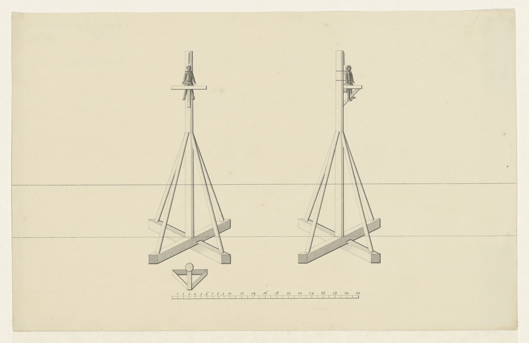 A.0145(160)6; Technische tekening van de palen of raderen waarop de muiters van de 'Nijenburg' terechtgesteld werden; tekening