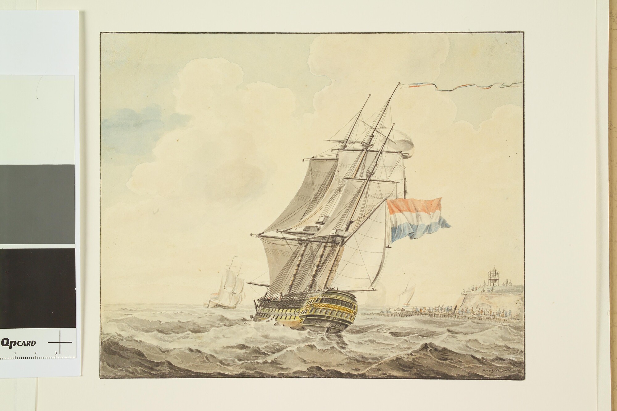 A.1797; Het linieschip Zr.Ms. 'Nassau', zeilende bij de wind met fok en marszeilen; tekening