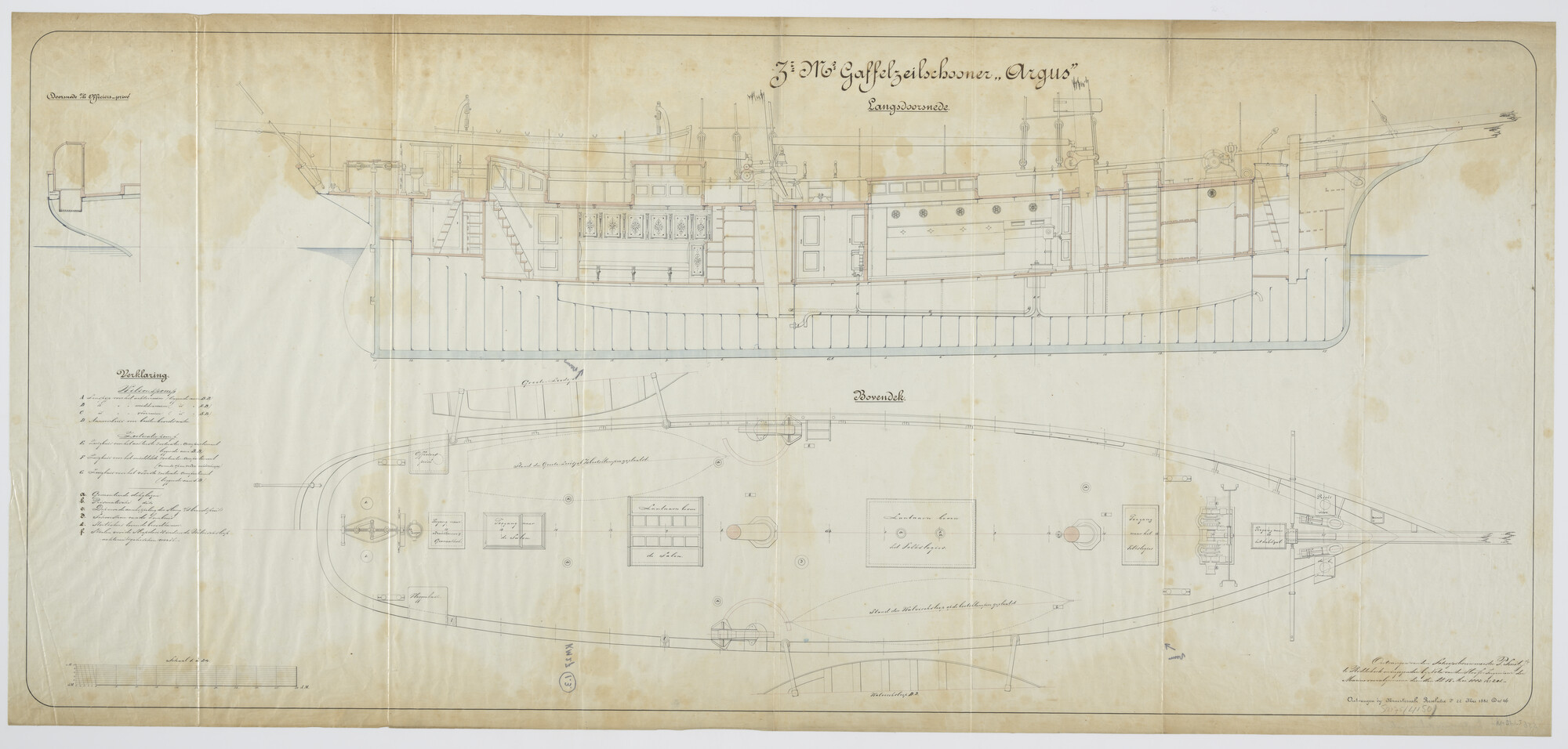 S.2175(4150); Langsdoorsnede ; bovenaanzicht bovendek en doorsnede officiers-privé van Zr.Ms. 'Argus'; technische tekening