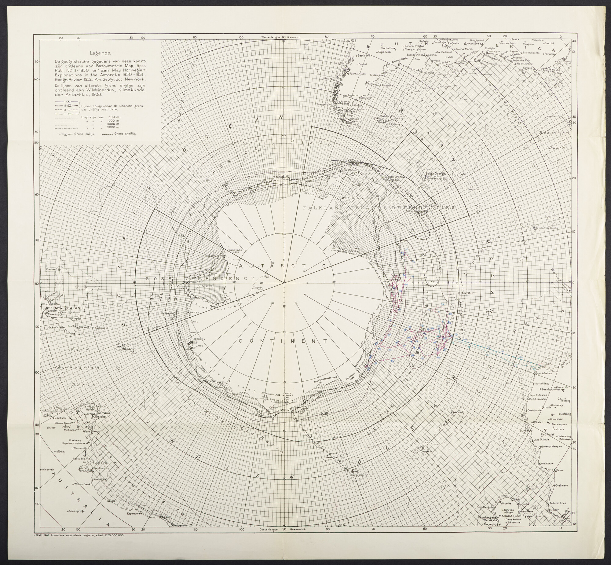 2021.0409; Poolkaart van de Zuidpool (Antarctica) met de vaarroute van de Willem Barendsz (I) of (II) in een walvisvangst seizoen; kaart