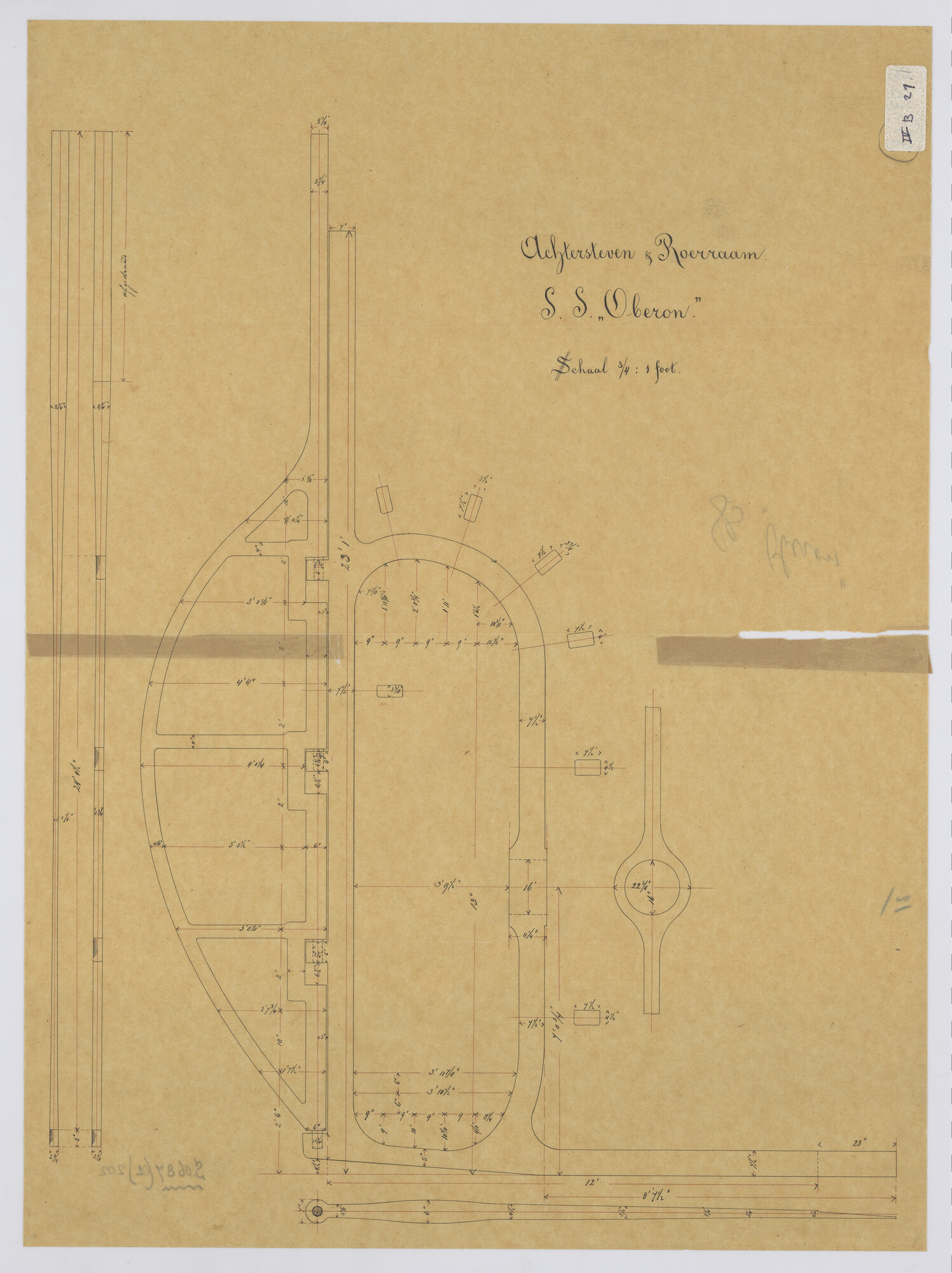 S.0687(02)202; Achtersteven met roerophanging en schroefraam van het schroefstoomschip 'Oberon '; technische tekening