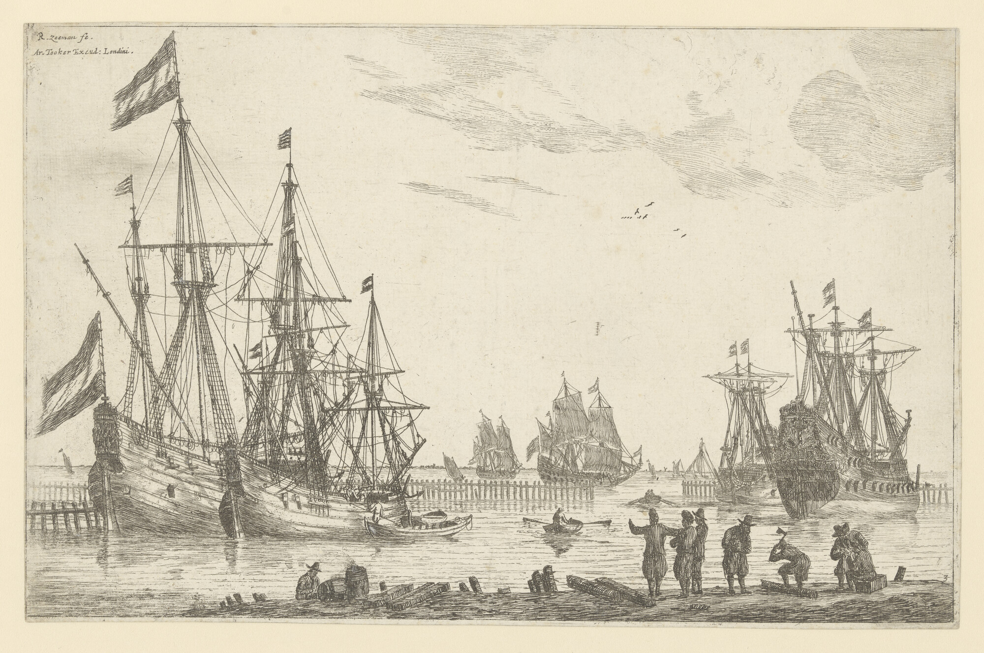 A.0149(0346); Twee fluitschepen, een spiegelschip en andere schepen afgemeerd in de haven; prent
