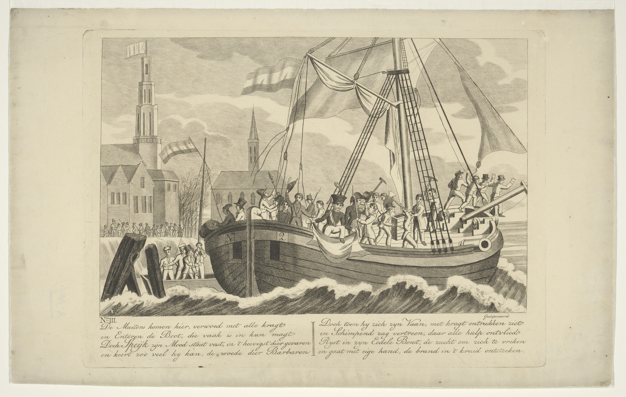 A.0964(01)40; De muiters enteren het schip van Van Speyk; prent