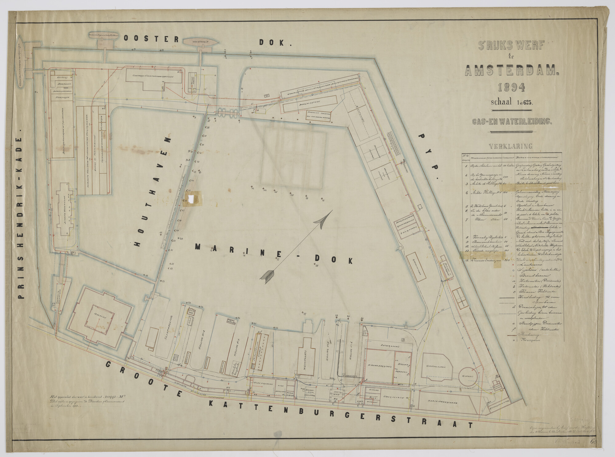 S.5079(02); Uitvoerige plattegrond van de Rijkswerf te Amsterdam (1894) met gas- en waterleiding. Gebouwen, werkplaatsen, magazijnen, hellingen etc; technische tekening