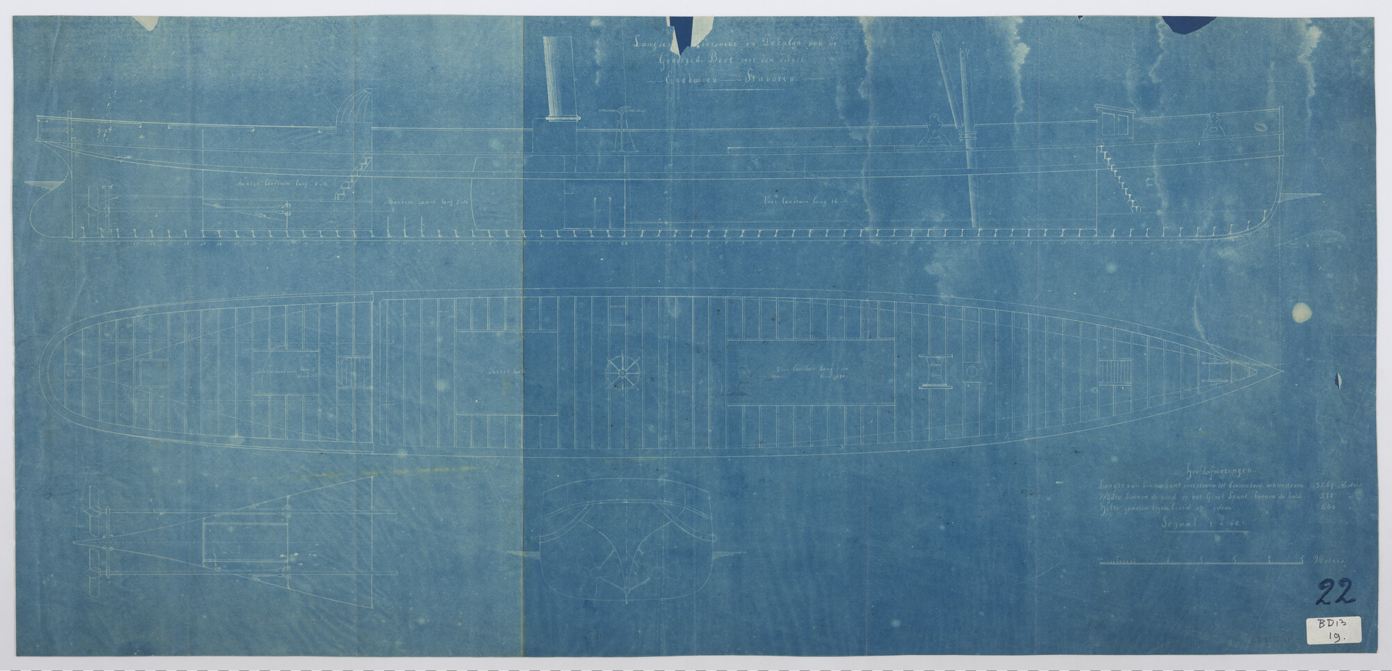 S.5181(506); Algemeen plan van een stoomgoederenschip voor de dienst Staveren - Enkhuizen; technische tekening