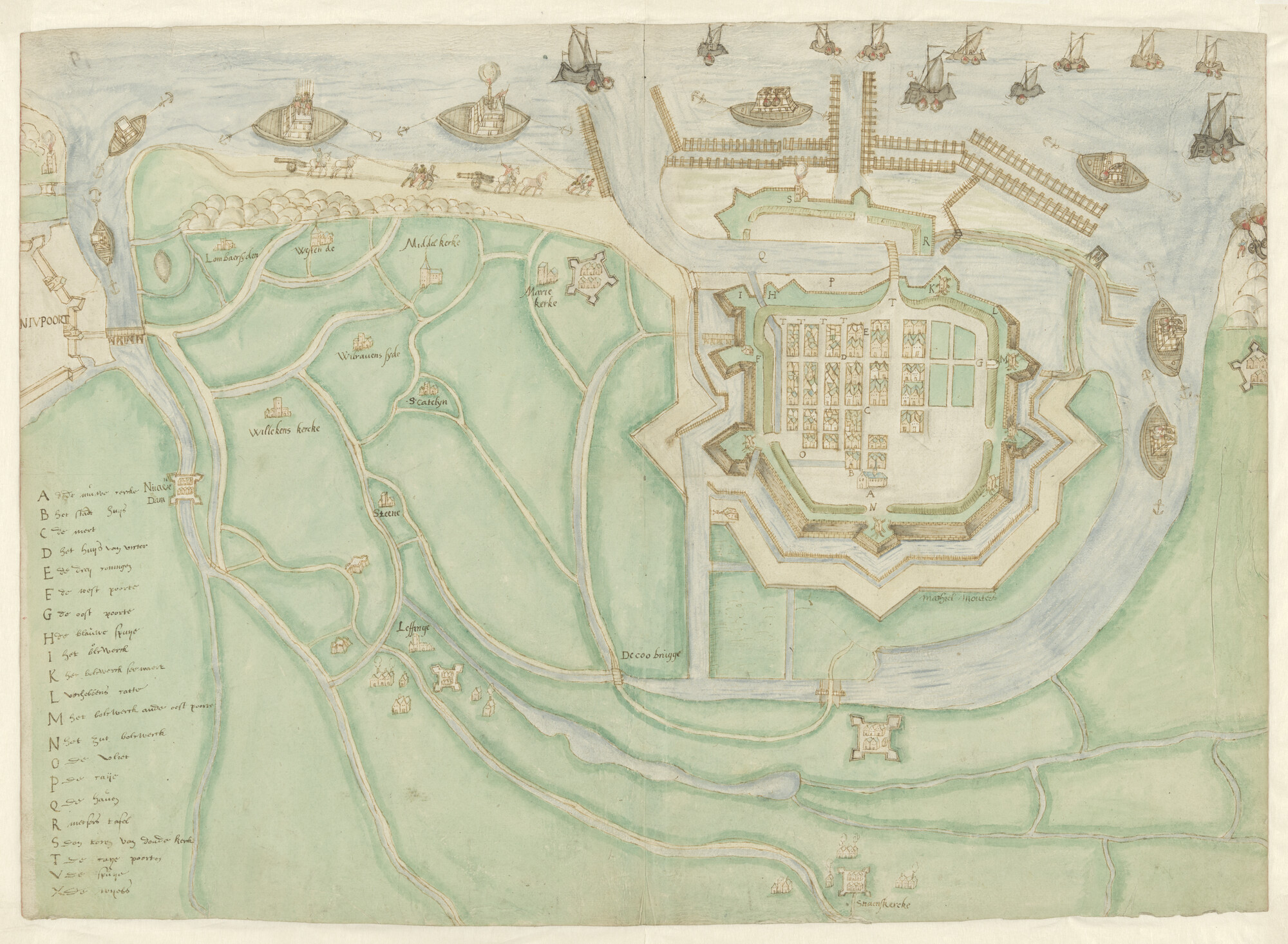 A.3542(02); Gekleurde handschriftkaart van de stad Oostende tijdens het beleg in 1601-1604 en omgeving; landkaart