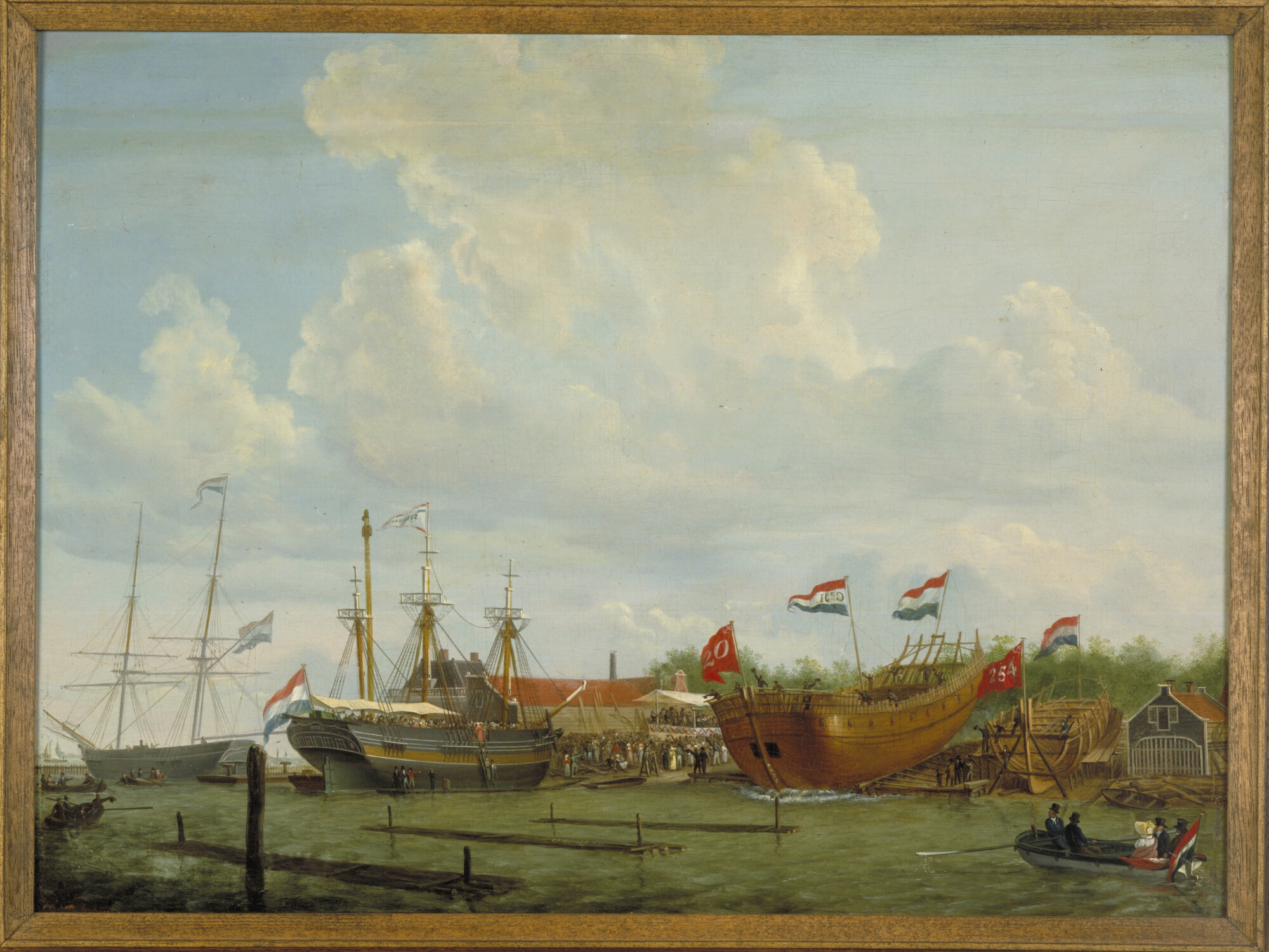 S.0008; De tewaterlating van het fregatschip Olivier van Noort op de werf Hollandia te Amsterdam; schilderij