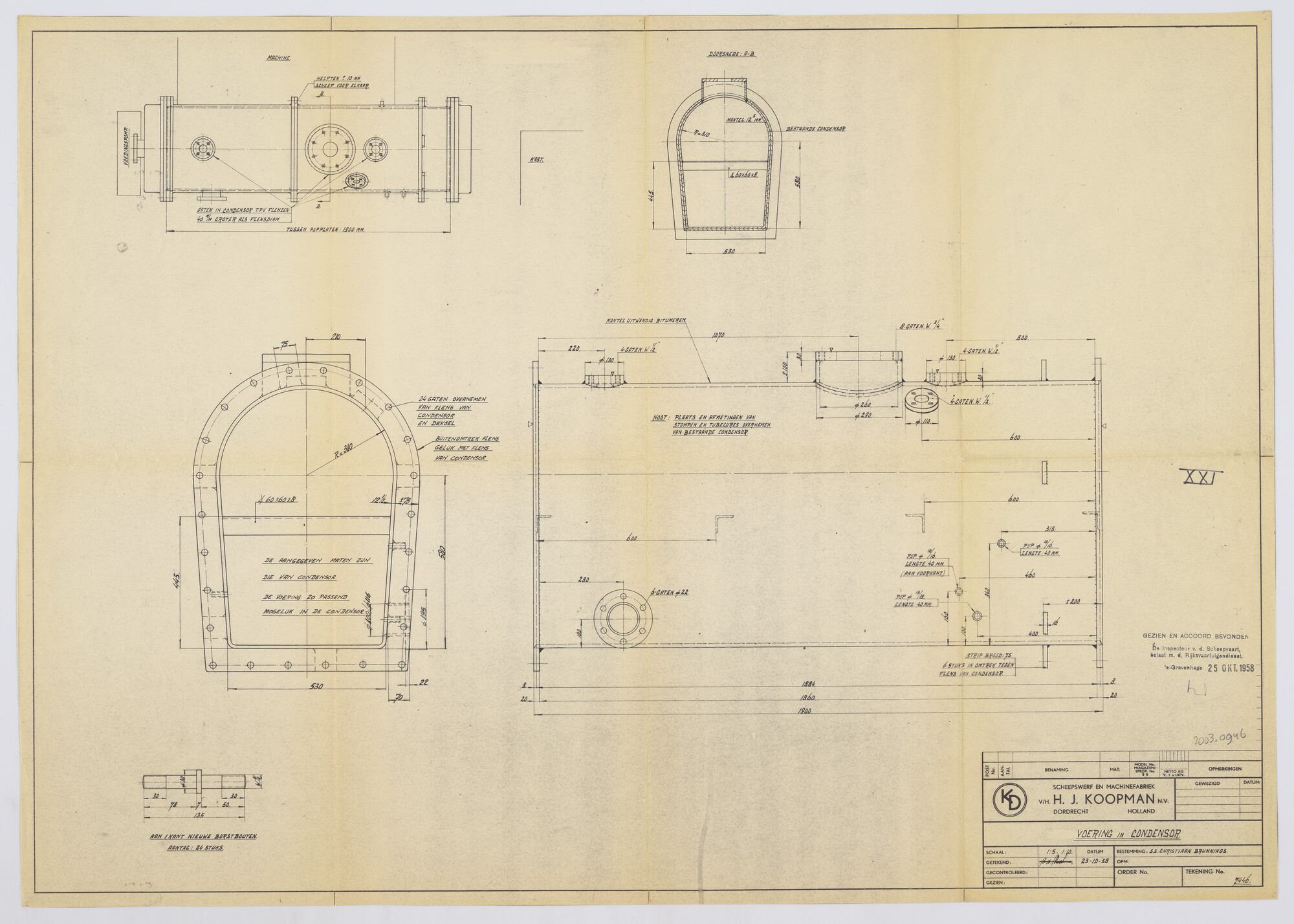 2003.0946; Condensor met voering van de machine van de ijsbreker ss. Christiaan Brunings; technische tekening