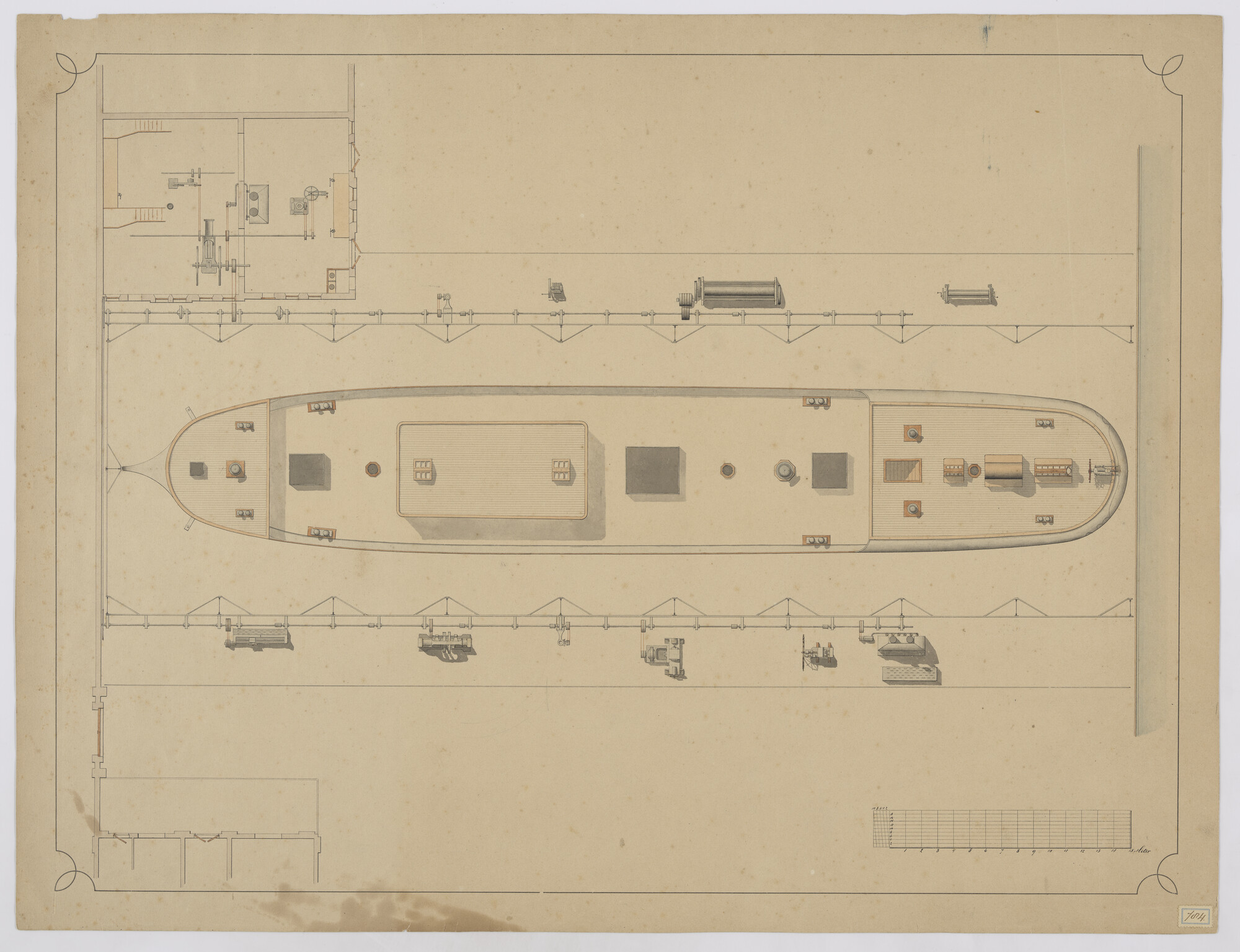 2013.0928; Indelingstekening van de overkapte langshelling van de scheepswerf De Boot met vermoedelijk het barkschip Semper Spera (Houd altijd Hoop) van 61.20 meter; technische tekening