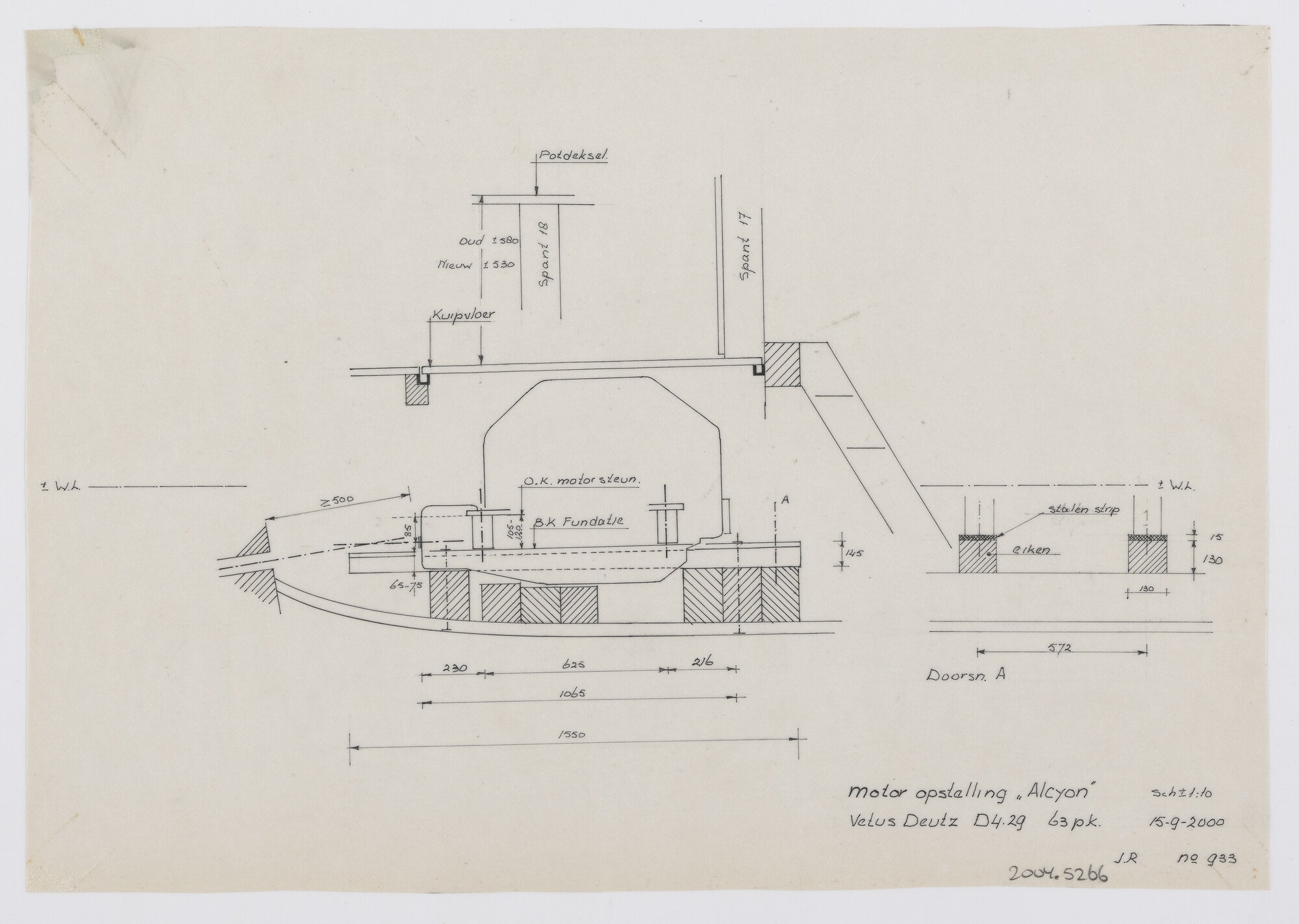 2004.5266; Motor opstelling hoogaarsjacht Alcyon II; technische tekening