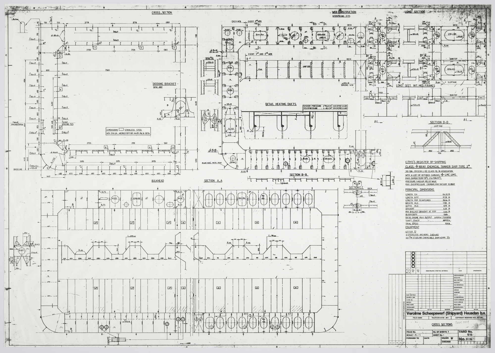 2005.2216; Dwarsdoorsneden van de chemicaliëntanker 'Dutch Mate'; technische tekening