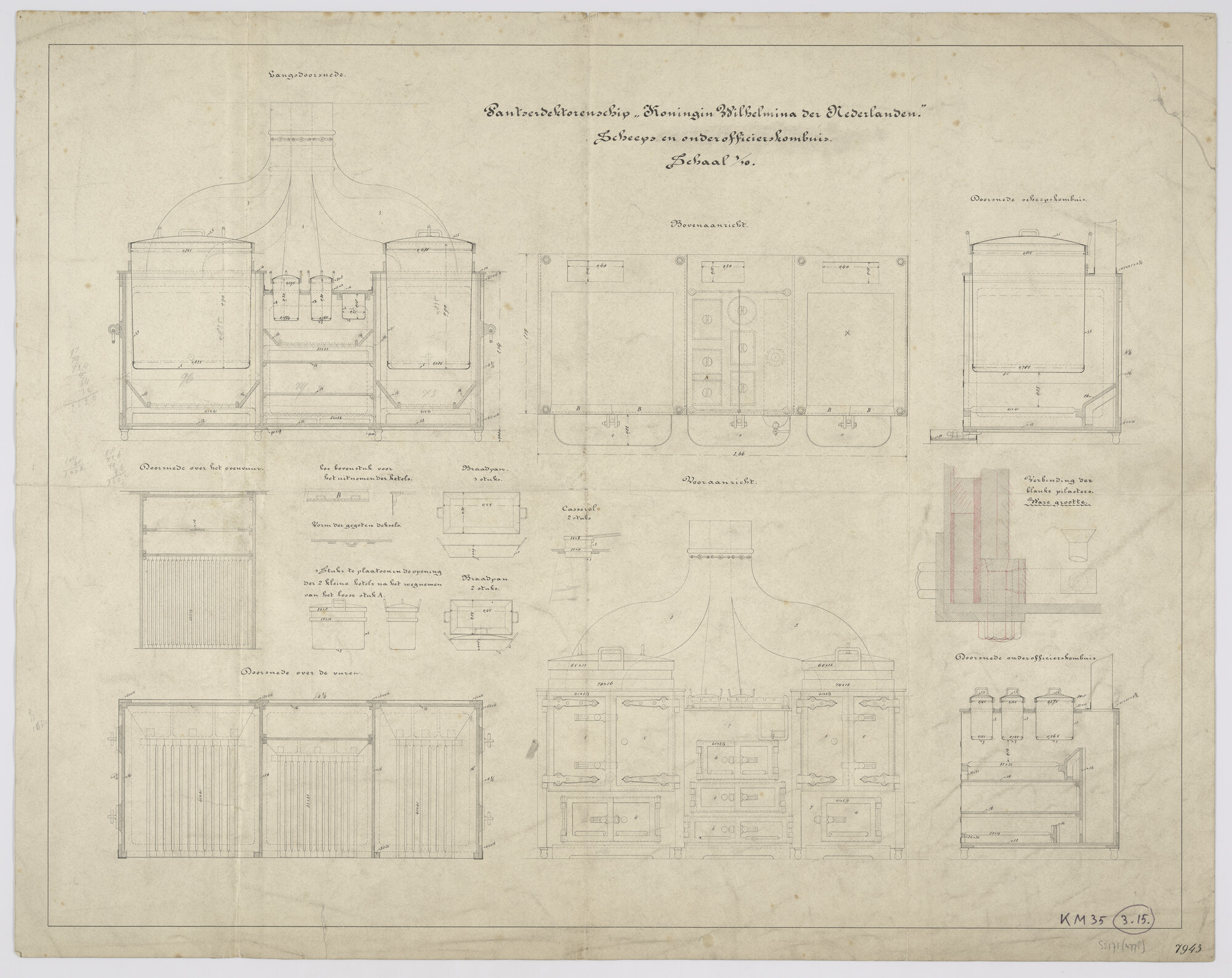 S.2175(4778); Scheeps- en onderofficierskombuis aan boord van het pantserdektorenschip Hr.Ms. 'Koningin Wilhelmina der Nederlanden'; technische tekening