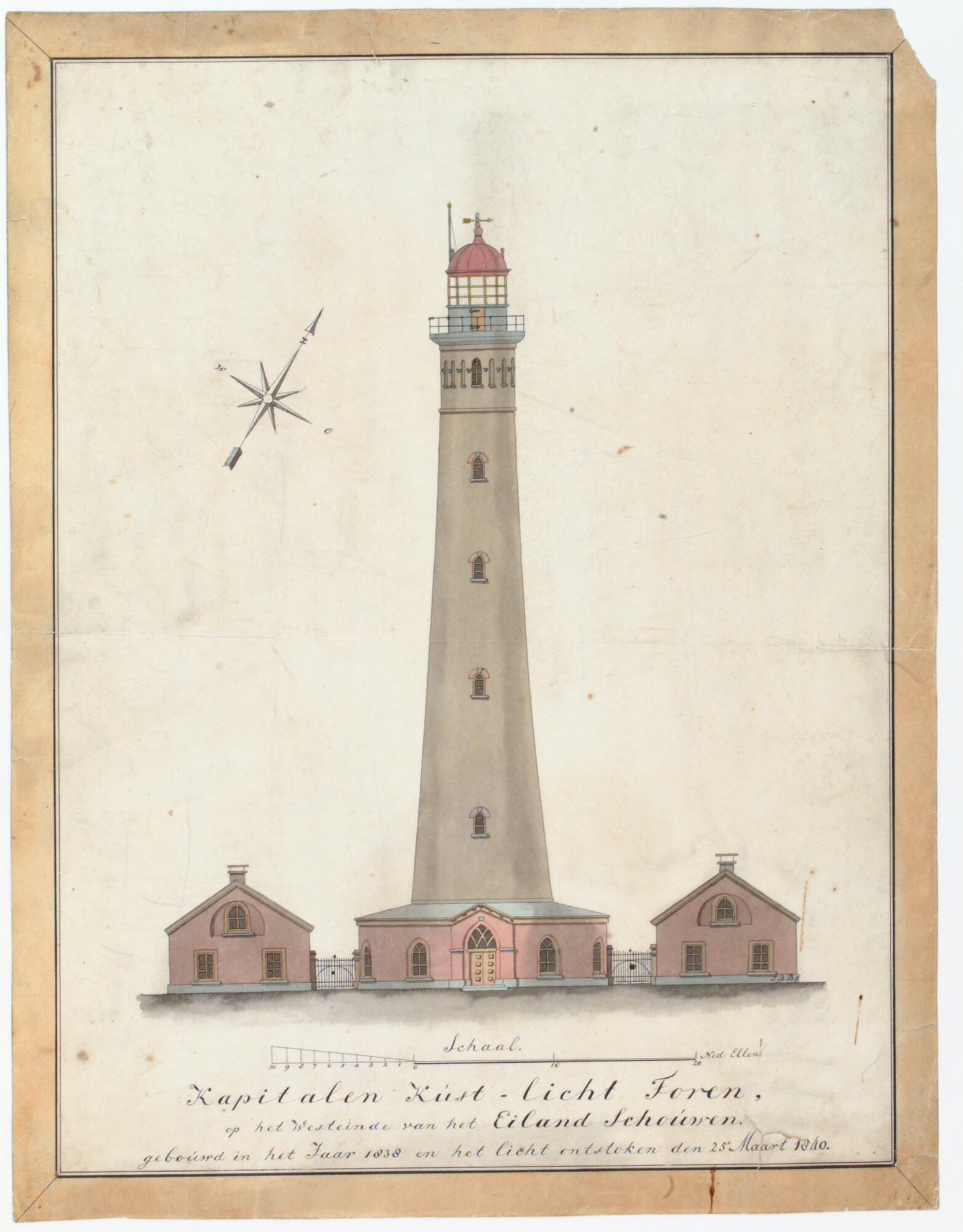 S.4459; De vuurtoren van Nieuw Haamstede op het eiland West Schouwen, omsteeks 1840; tekening