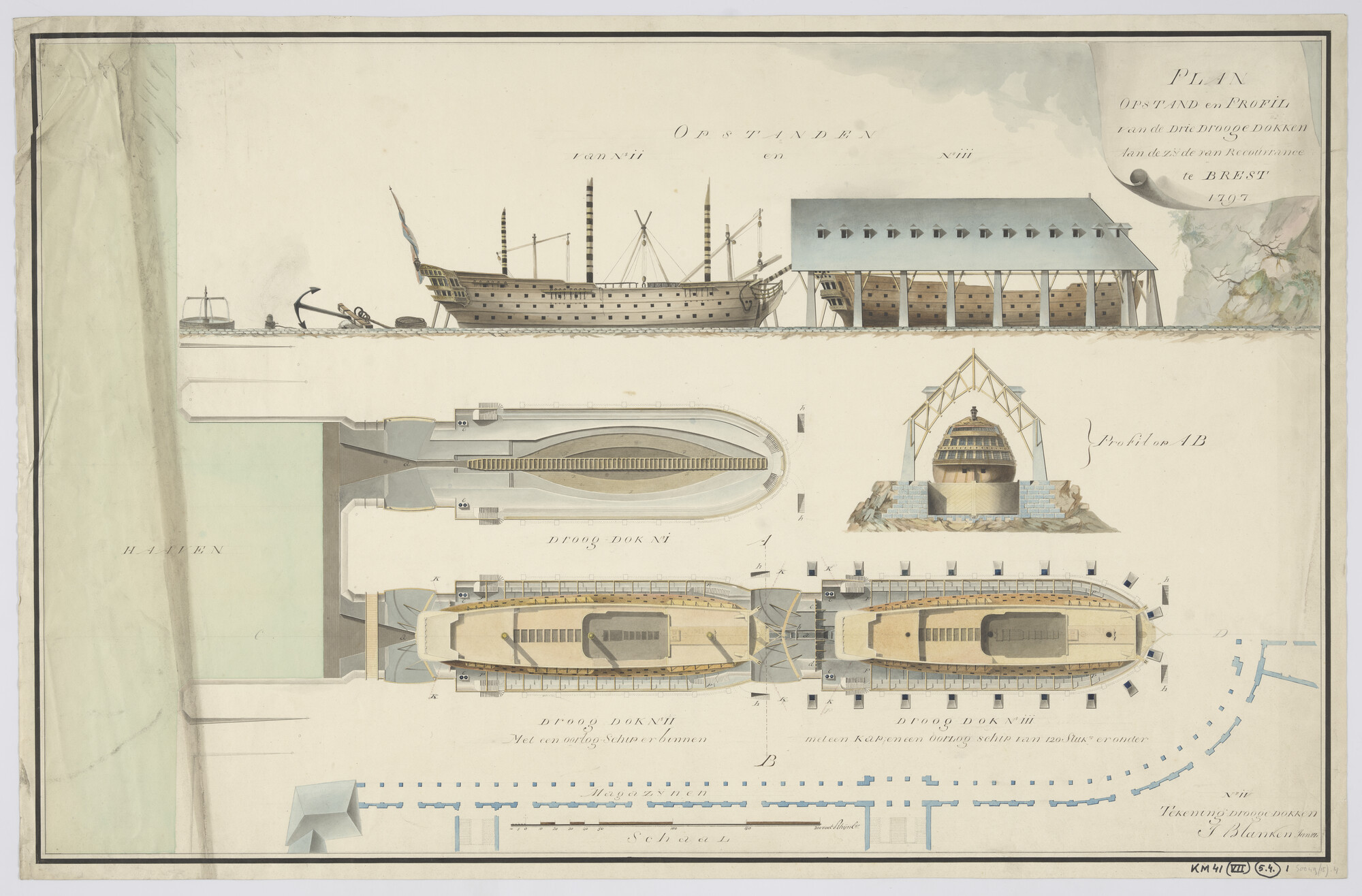 S.0049(15)04; Aanzichten van drie droogdokken te Brest (Recouvrance), waarvan één met overkapping; technische tekening