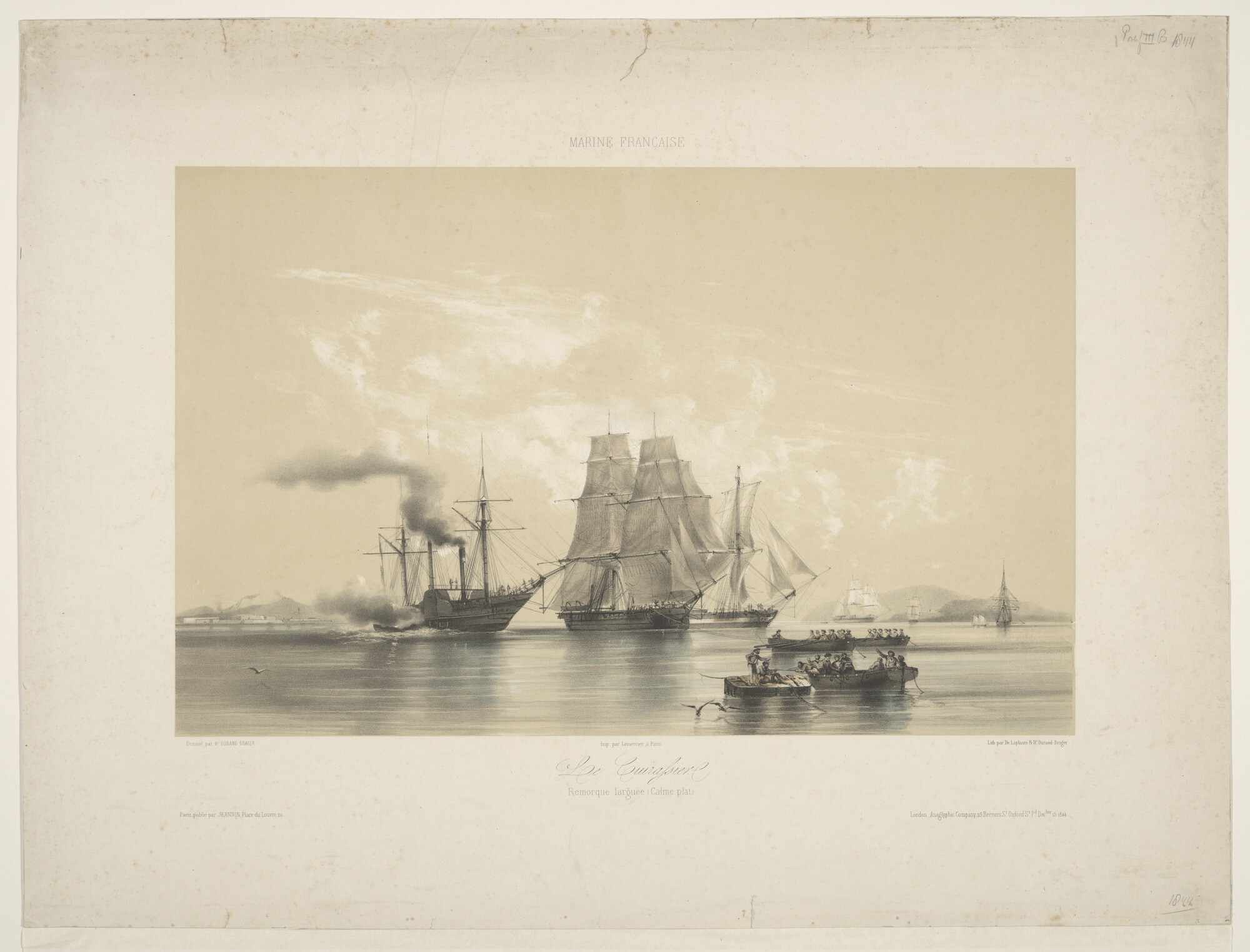 S.2284(19); Gezicht op een rede met een raderstoomschip en een brik; prent
