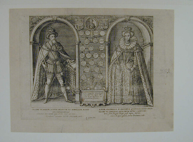 A.0145(027)342; Portret van de Engelse koning Jacobus I en zijn gemalin Anna, staand ten voeten uit, omstreeks 1603; prent