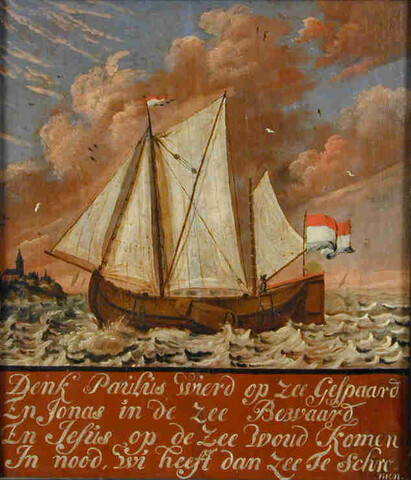 RB.0737(01); Beschilderd paneel met afbeelding van een binnenvaartschip bij een kust; schilderij
