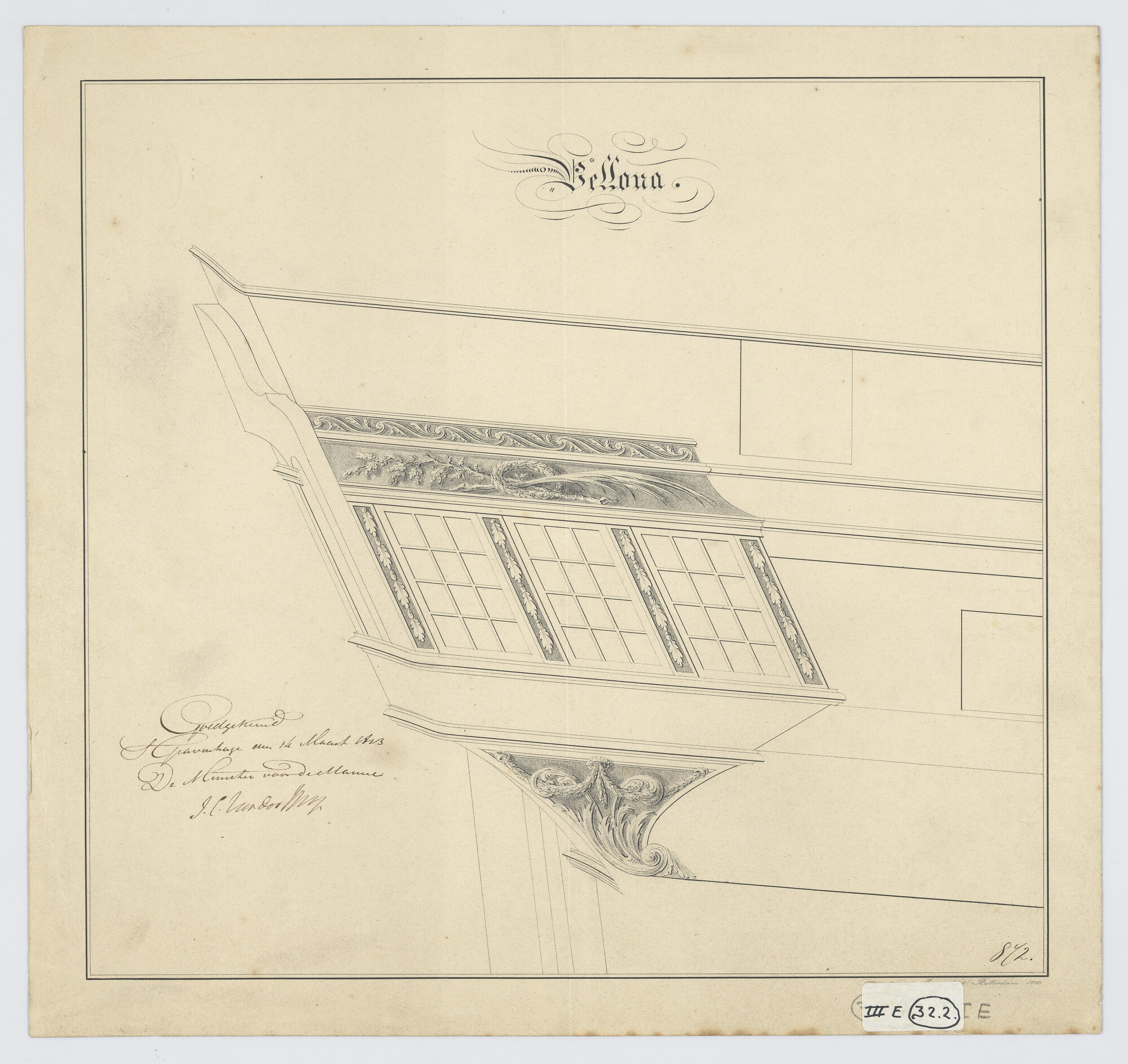 S.1214(0249); Galerij van het fregat 'Bellona'; technische tekening
