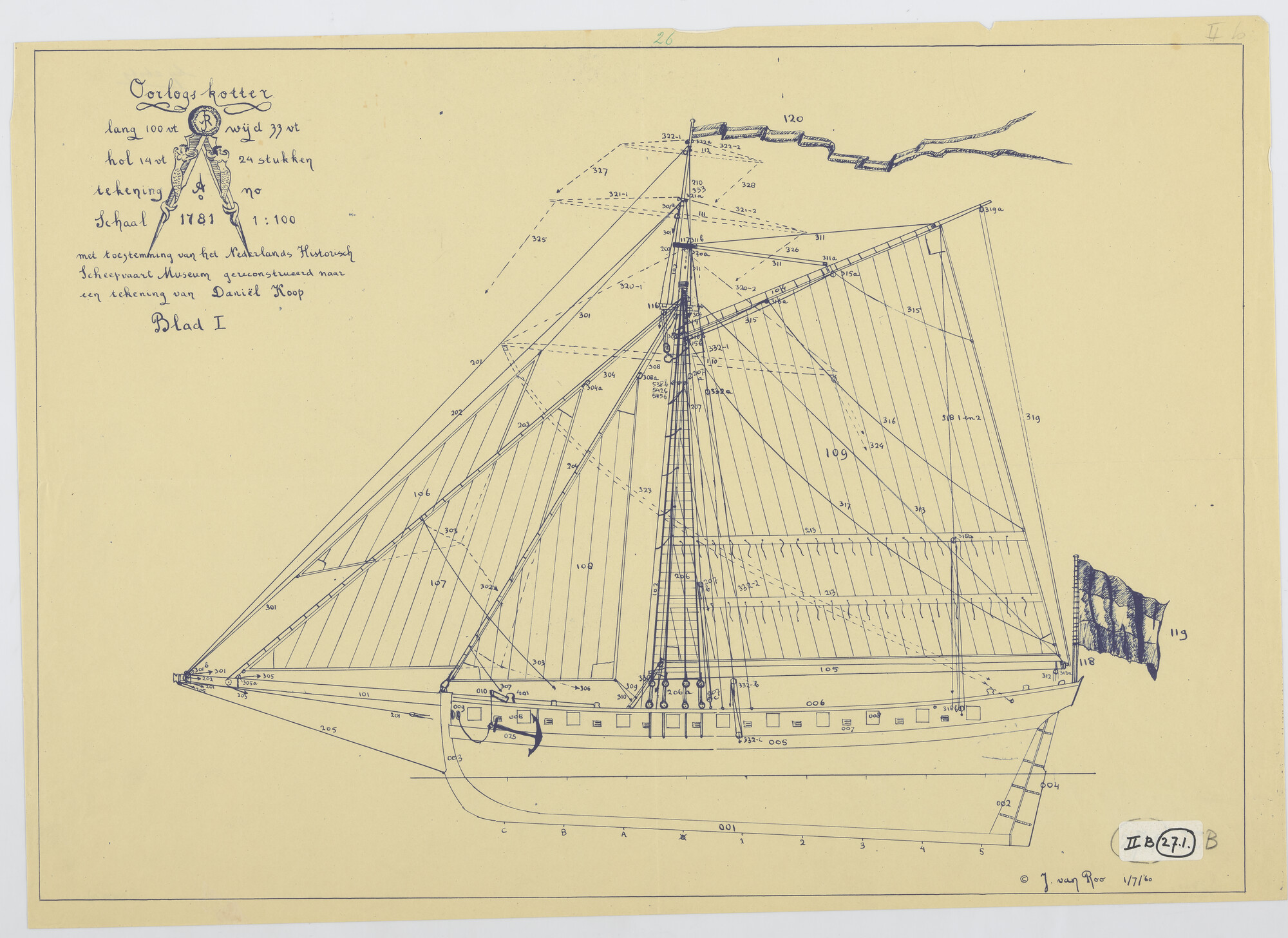 S.3400(01); Zijaanzicht met tuig van een kotter van 24 stukken; technische tekening