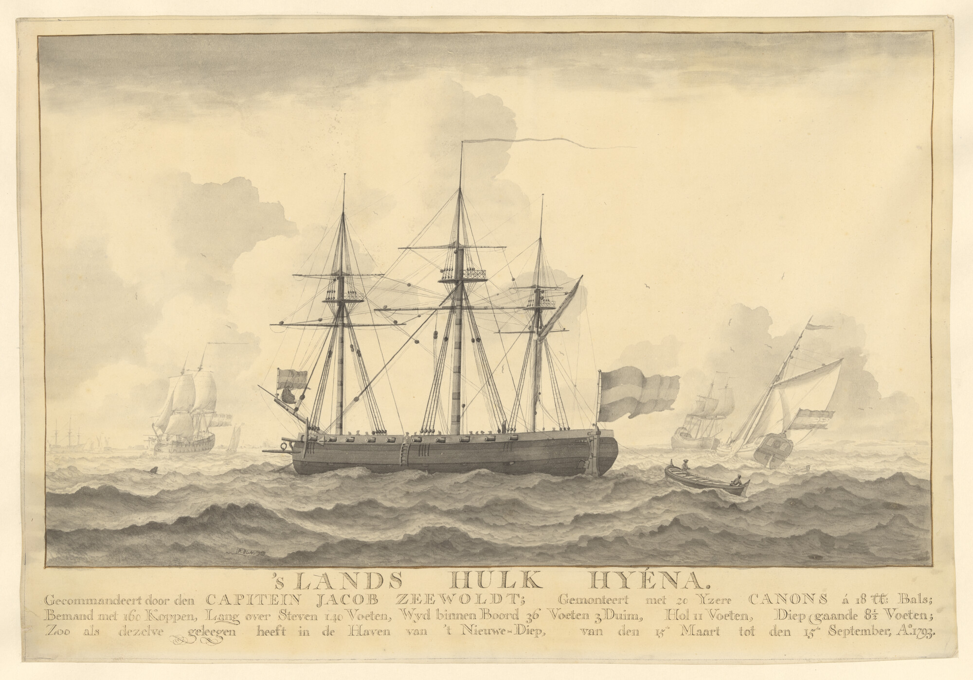 A.2993; De hulk 'Hyena' voor anker in het Nieuwe Diep; tekening