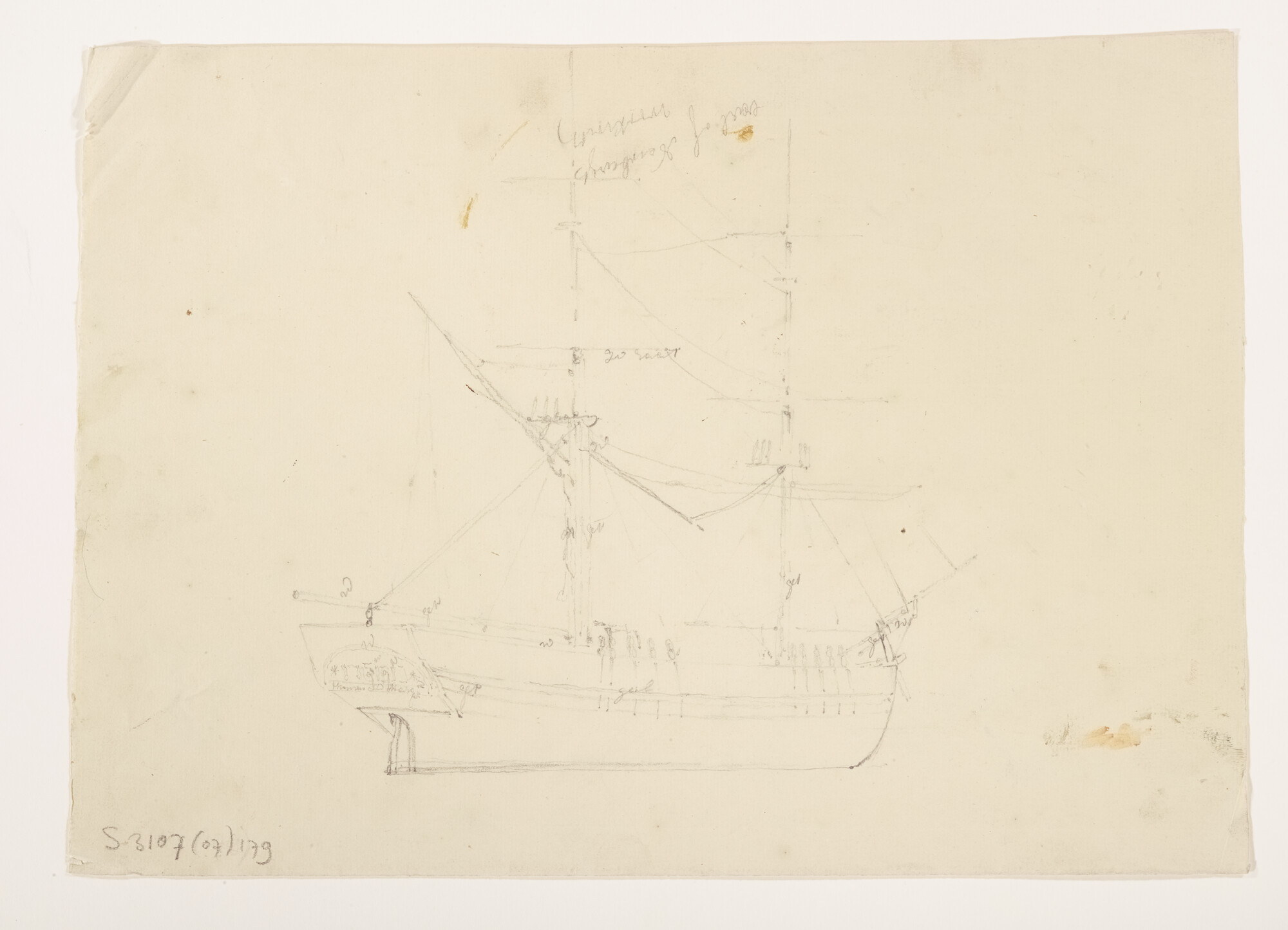 S.3107(07)179; Verschillende schetsen van een tweemastzeilschip waaronder de spiegel en boeg; tekening
