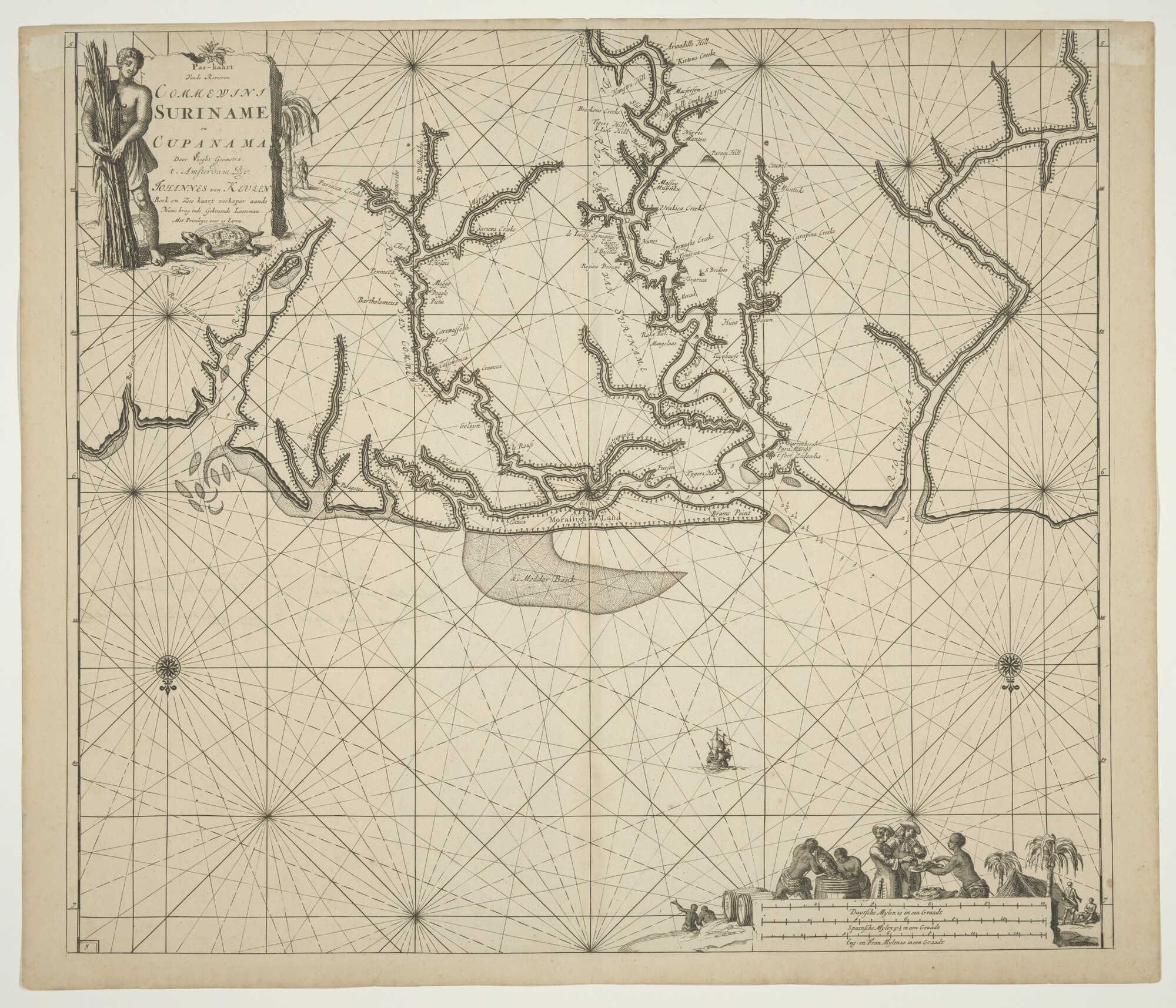A.0145(212)19; Paskaart van de rivieren Commewijne, Suriname en Cupanama, door Claas Jansz. Vooght; zeekaart