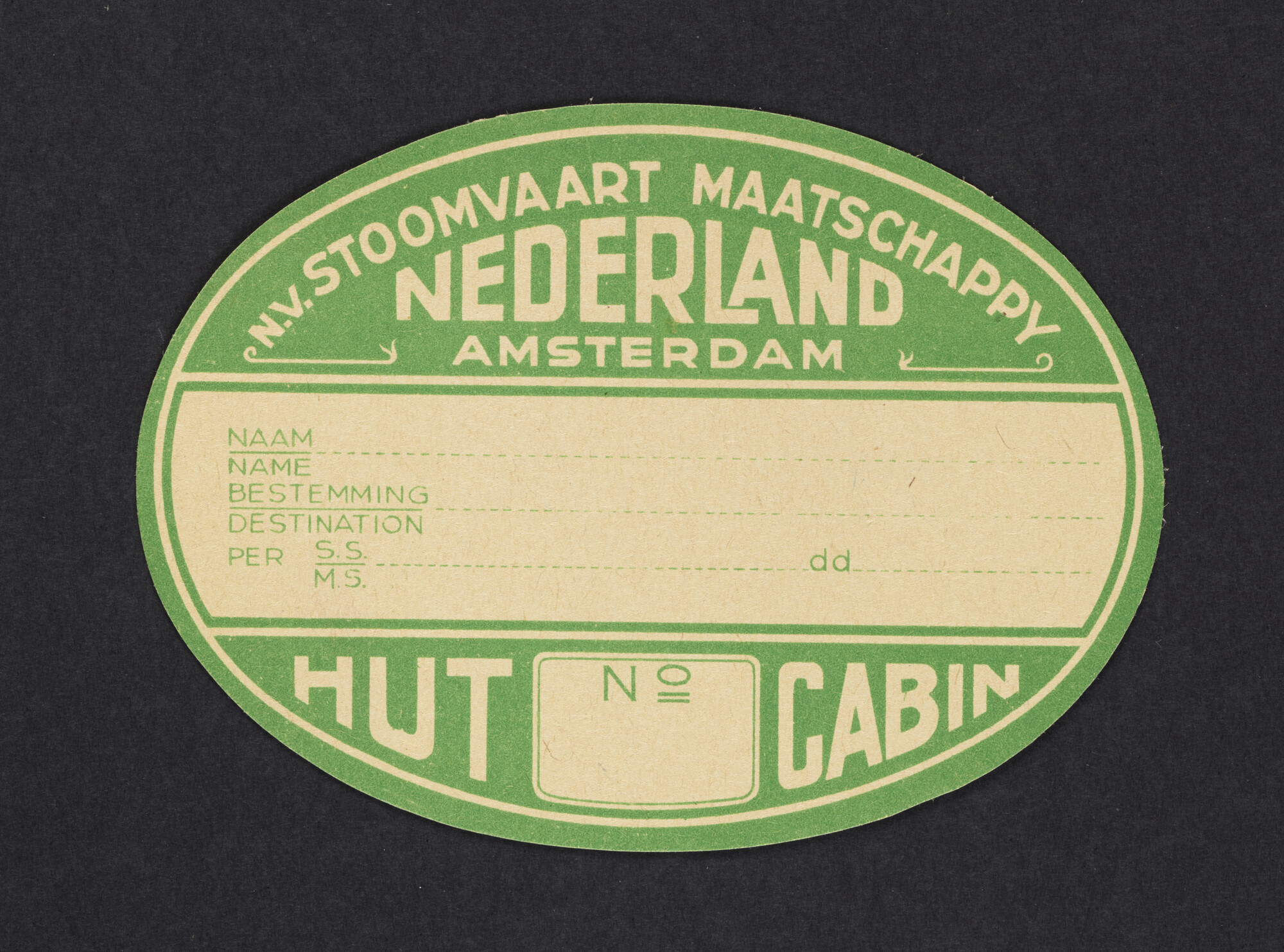 2020.0014; Kofferlabel van de Stoomvaart Maatschappij "Nederland"; kofferlabel