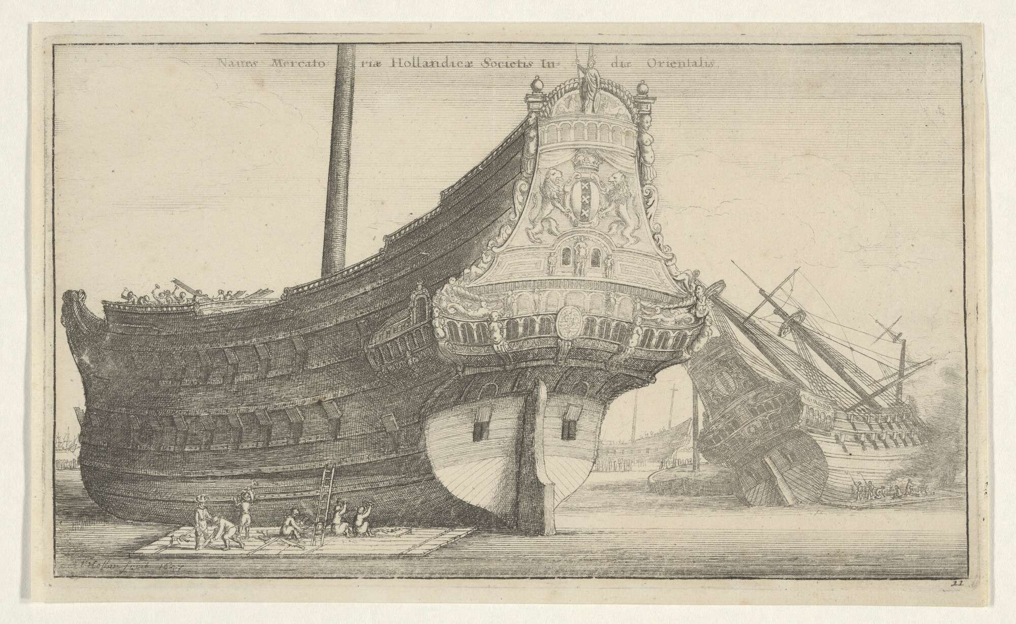A.0149(0165); Het kalefaten van twee retourschepen van de VOC; prent