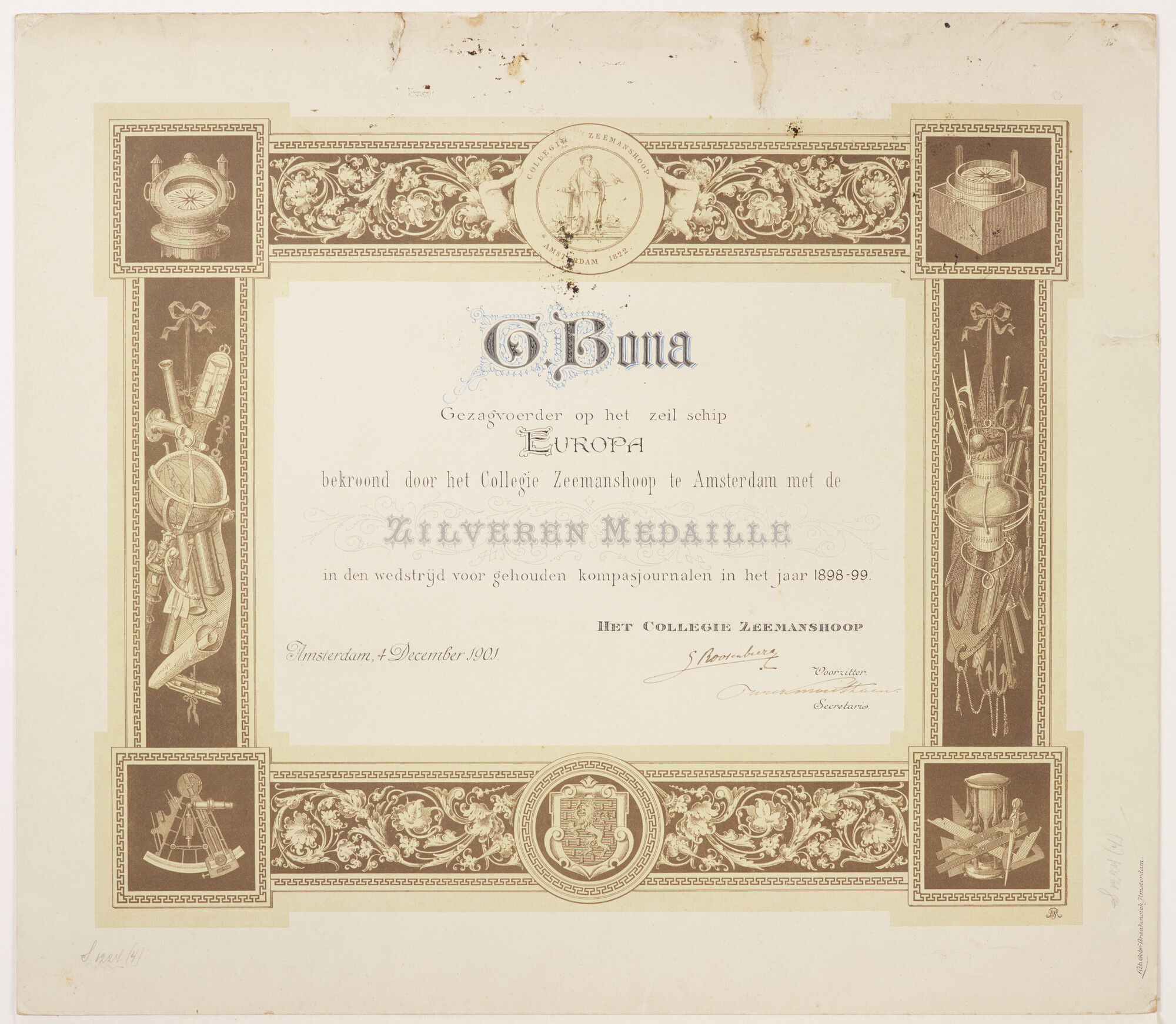 S.1224(04)3; Diploma bij de zilveren medaille, uitgereikt door het KNMI aan G. Bona; diploma