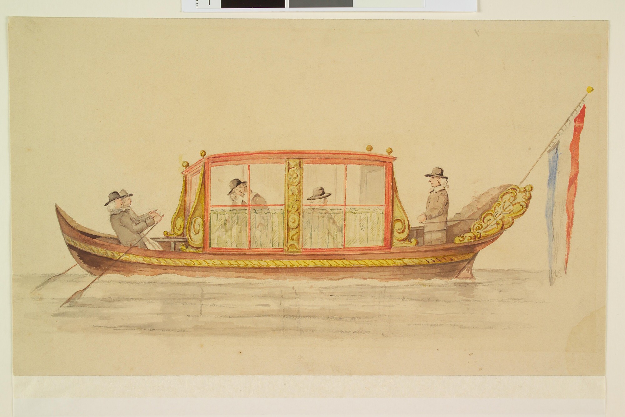 A.5203(01); Een tentjacht, geroeid door twee roeiers, met een aantal heren aan boord; tekening