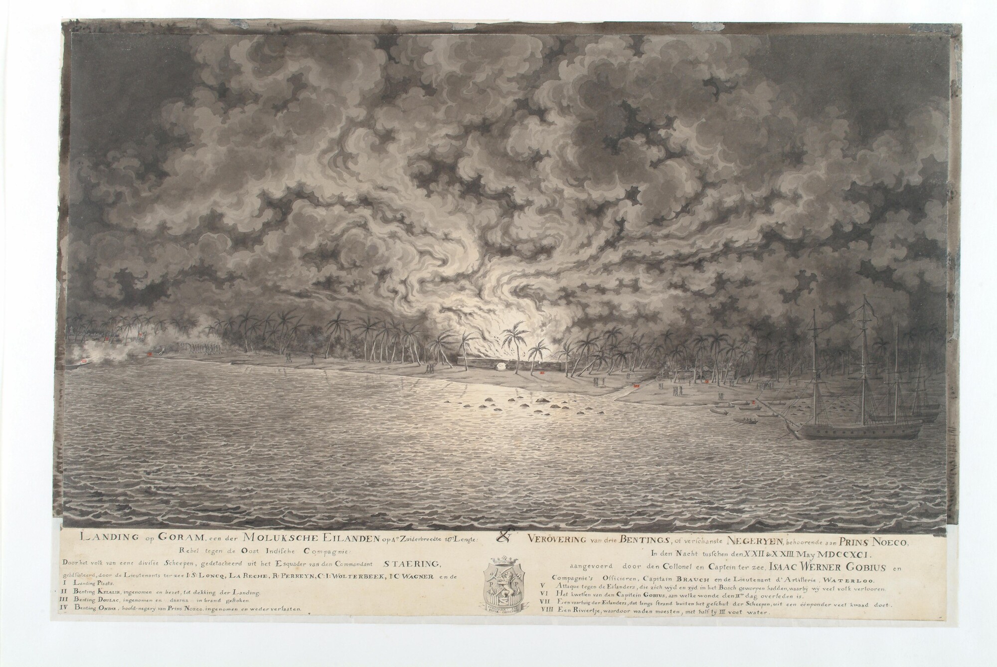 S.1277(01)35; De verovering van de drie Bentings op het eiland Goram, 1791; tekening