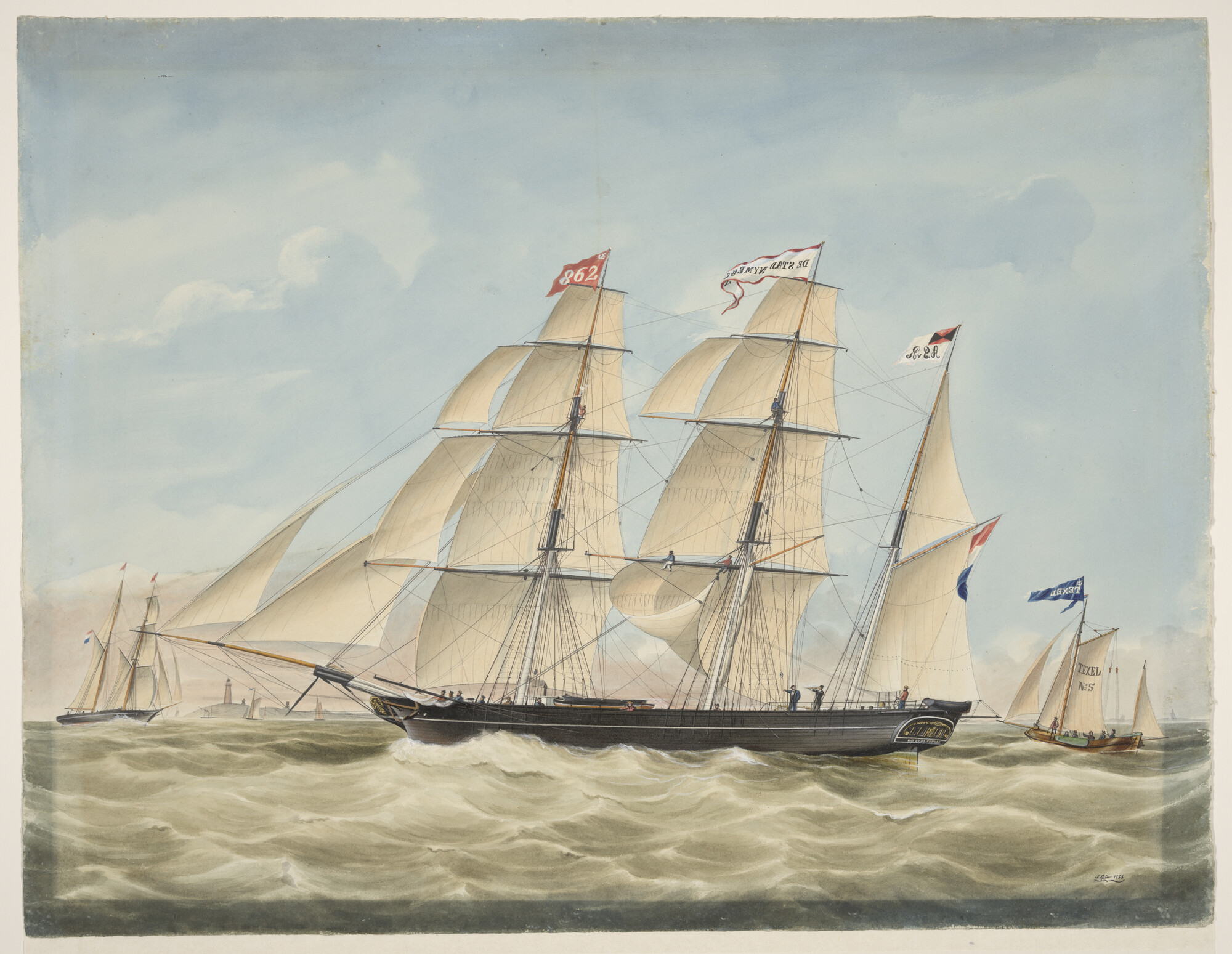 A.0357(01); Het barkschip De Stad Nijmegen en de loodsboot Texel No. 5 bij Texel; tekening