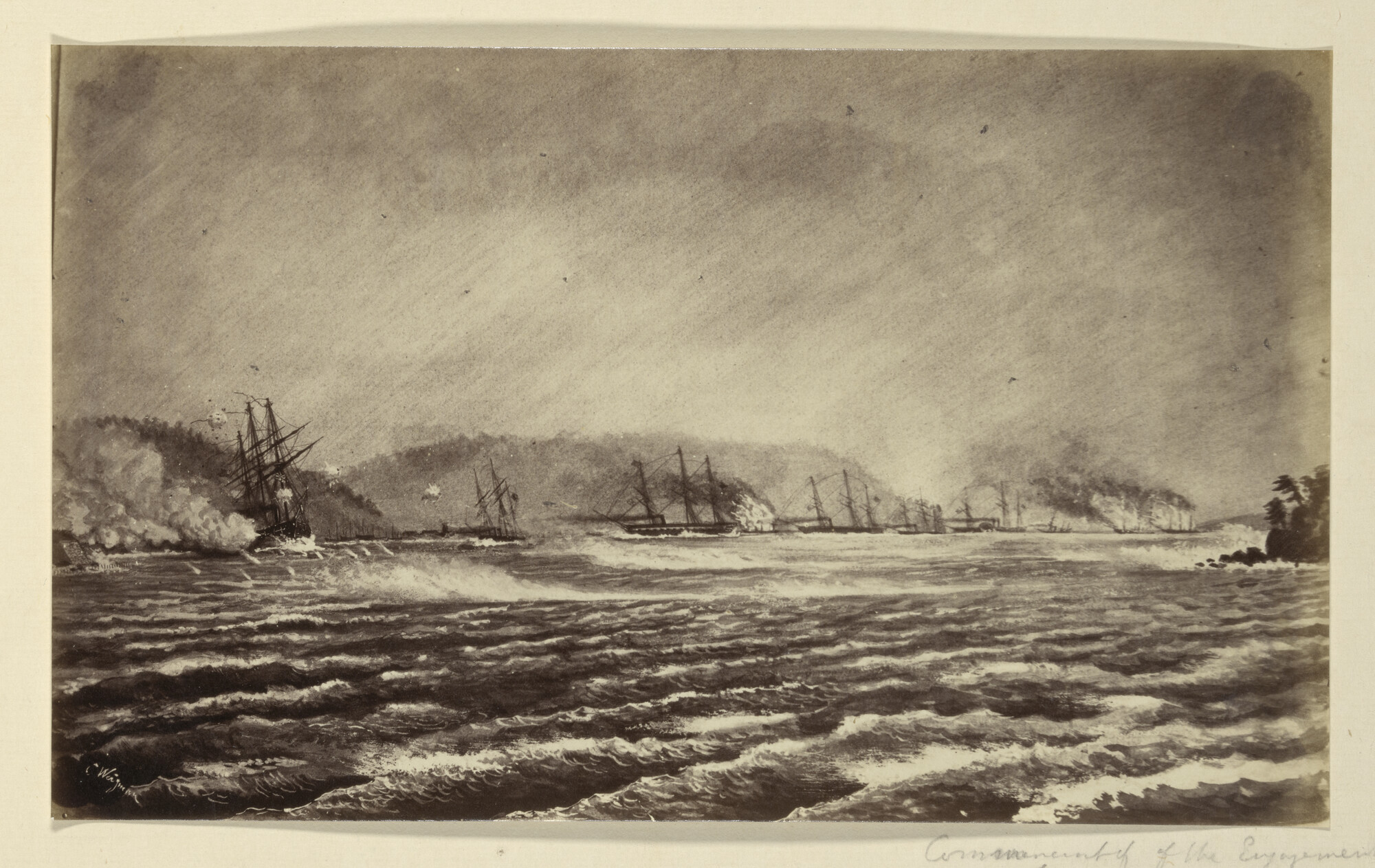 S.3628(03)057; Foto van een tekening van de beschieting van Kagoshima (Satsuma) door de Britse vloot; foto