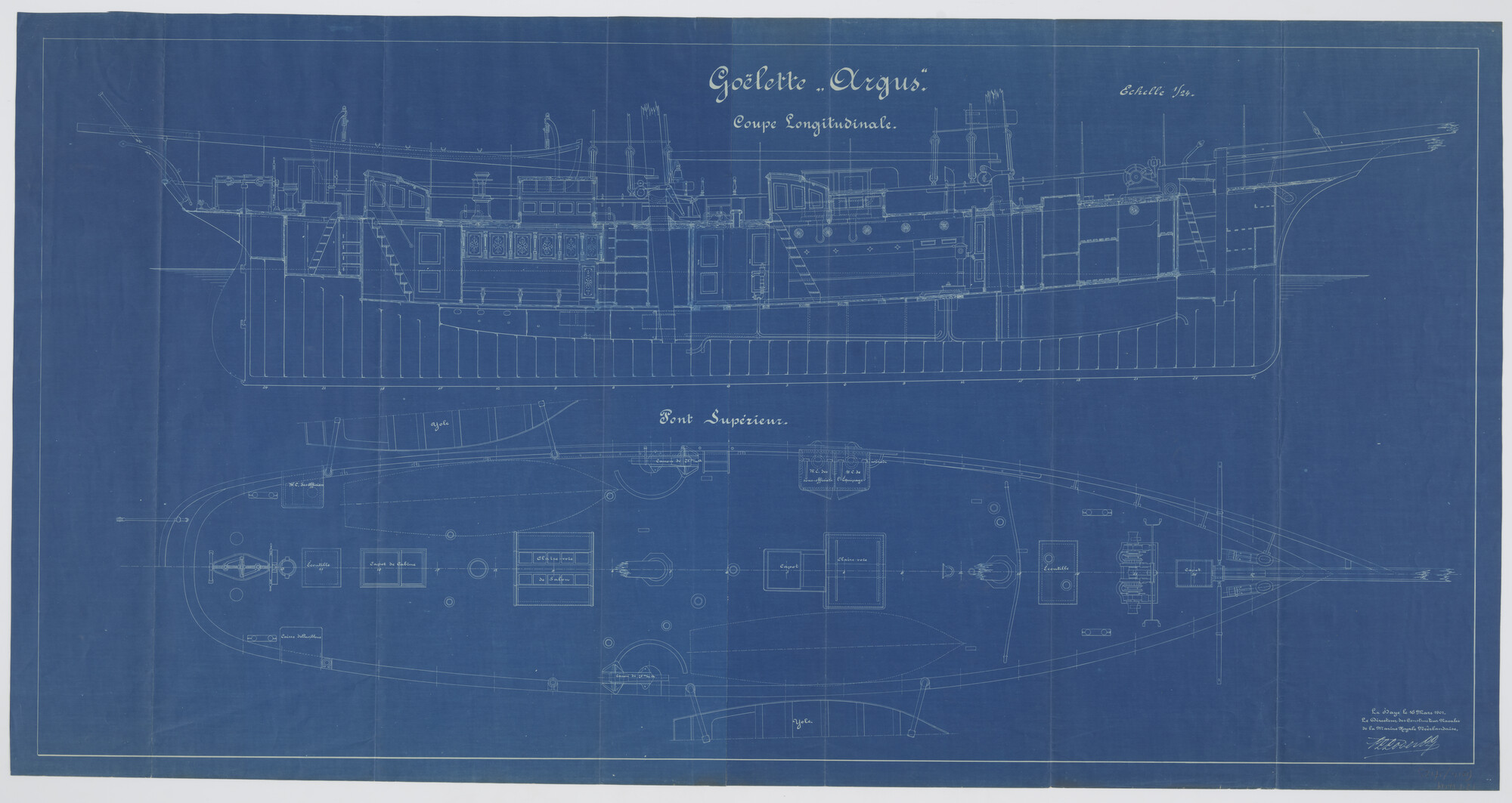 S.2175(4151); Langsdoorsnede ; bovenaanzicht bovendek van Zr.Ms. 'Argus'; technische tekening