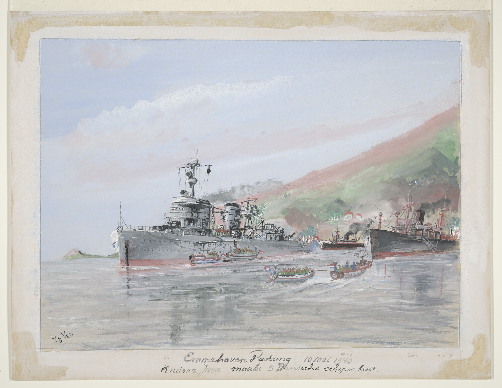 A.4471(c); De kruiser Hr.Ms. 'Java' verovert vijf Duitse schepen op de rede van Padang; tekening