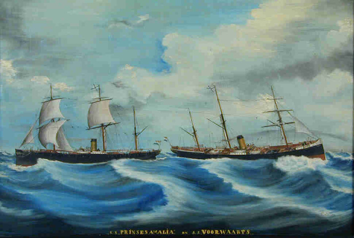 A.2732; De passagiersschepen ss. Prinses Amalia en het ss. Voorwaarts van de Stoomvaart-Maatschappij "Nederland"; schilderij