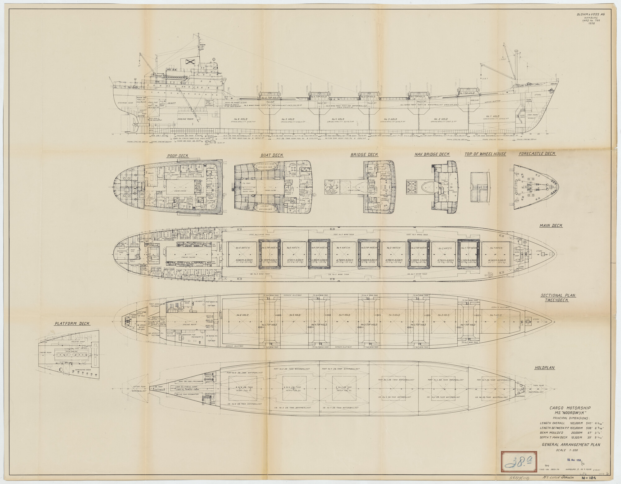 S.6879(158); Algemeen plan van het vrachtschip ms. 'Noordwijk'; technische tekening