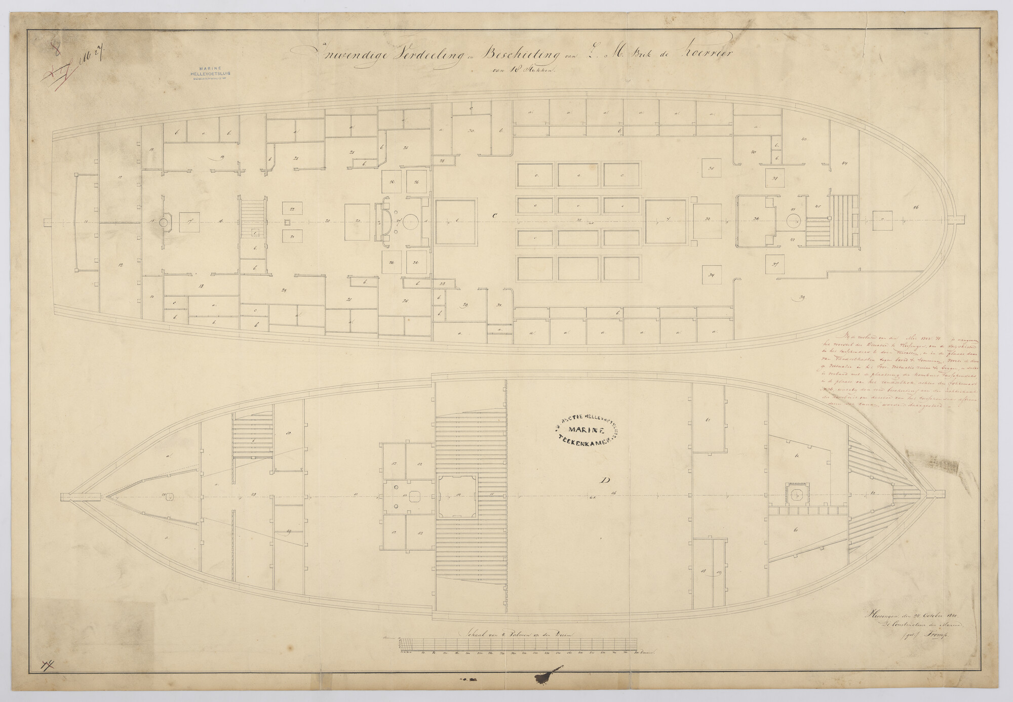 S.1214(0186)b; Indelingsplan van de brik Zr.Ms. 'Koerier' van 18 stukken; technische tekening