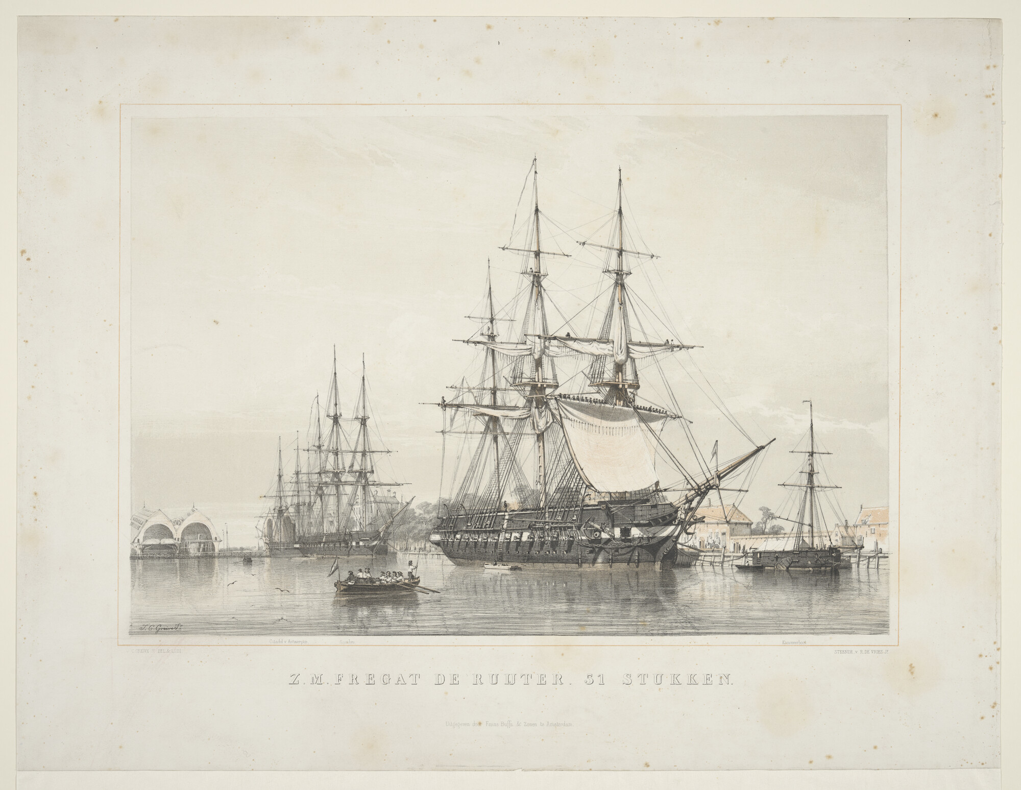 A.0149(0631); Een aantal schepen van de marine waaronder het fregat Zr.Ms. 'De Ruyter' en de 'Citadel van Antwerpen' in een haven; prent