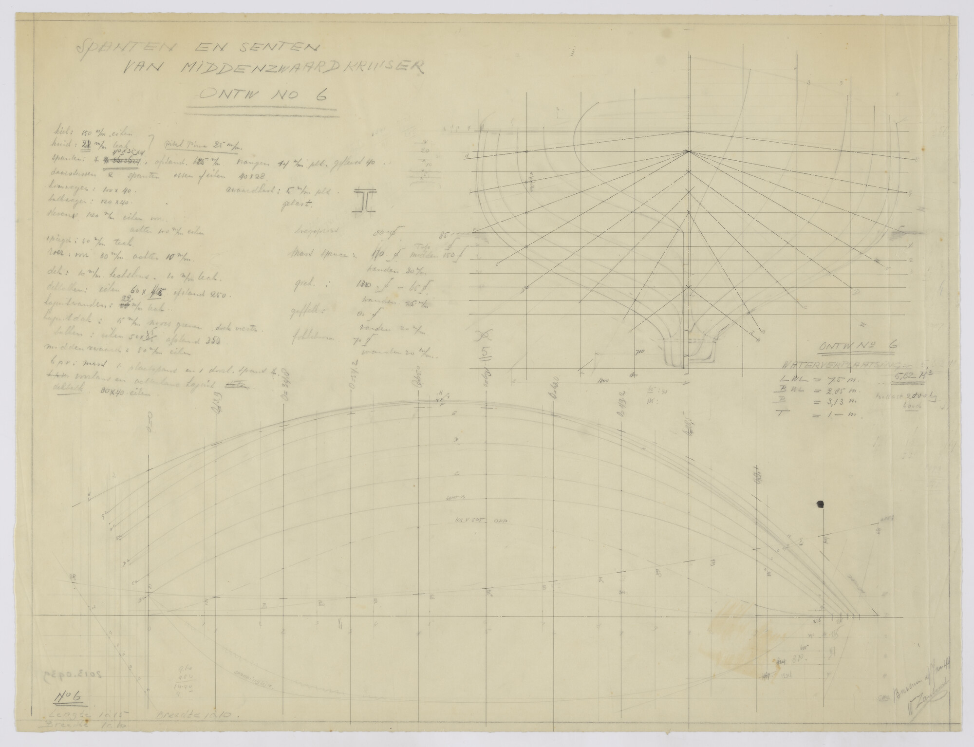 2013.0939; Lijnenplan van het houten gaffelgetuigd middenzwaardjacht De Tijd Zal 't Leren van 9 meter; technische tekening