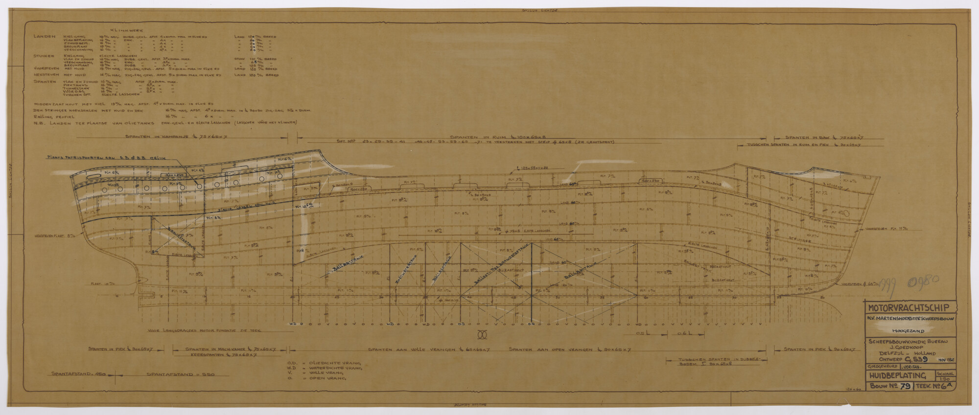 1999.0980; Huidbeplating van een motorvrachtschip; technische tekening