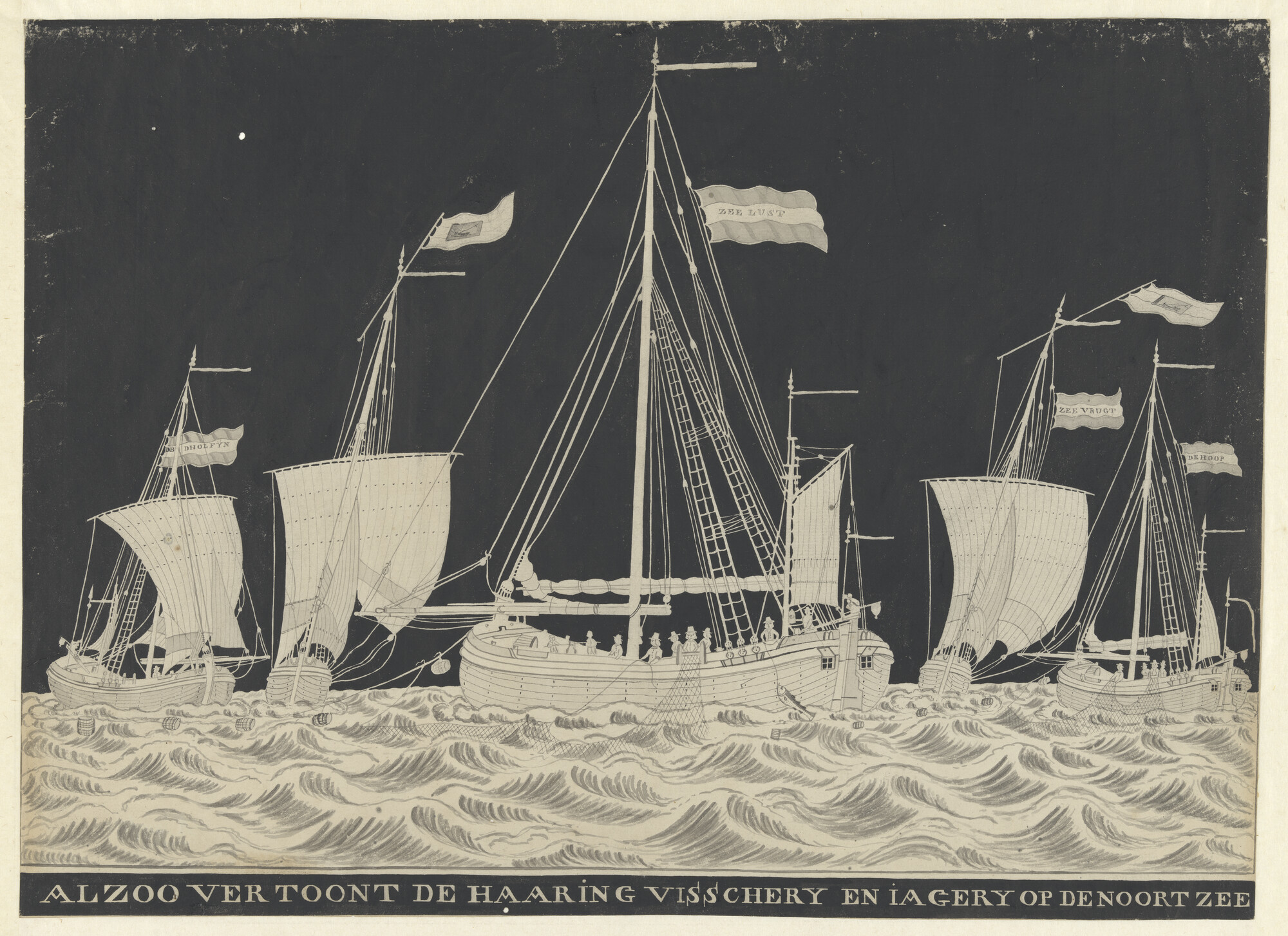 A.0419(01)b; Alzoo vertoont de haaring visschery en jagery op de noortzee; tekening