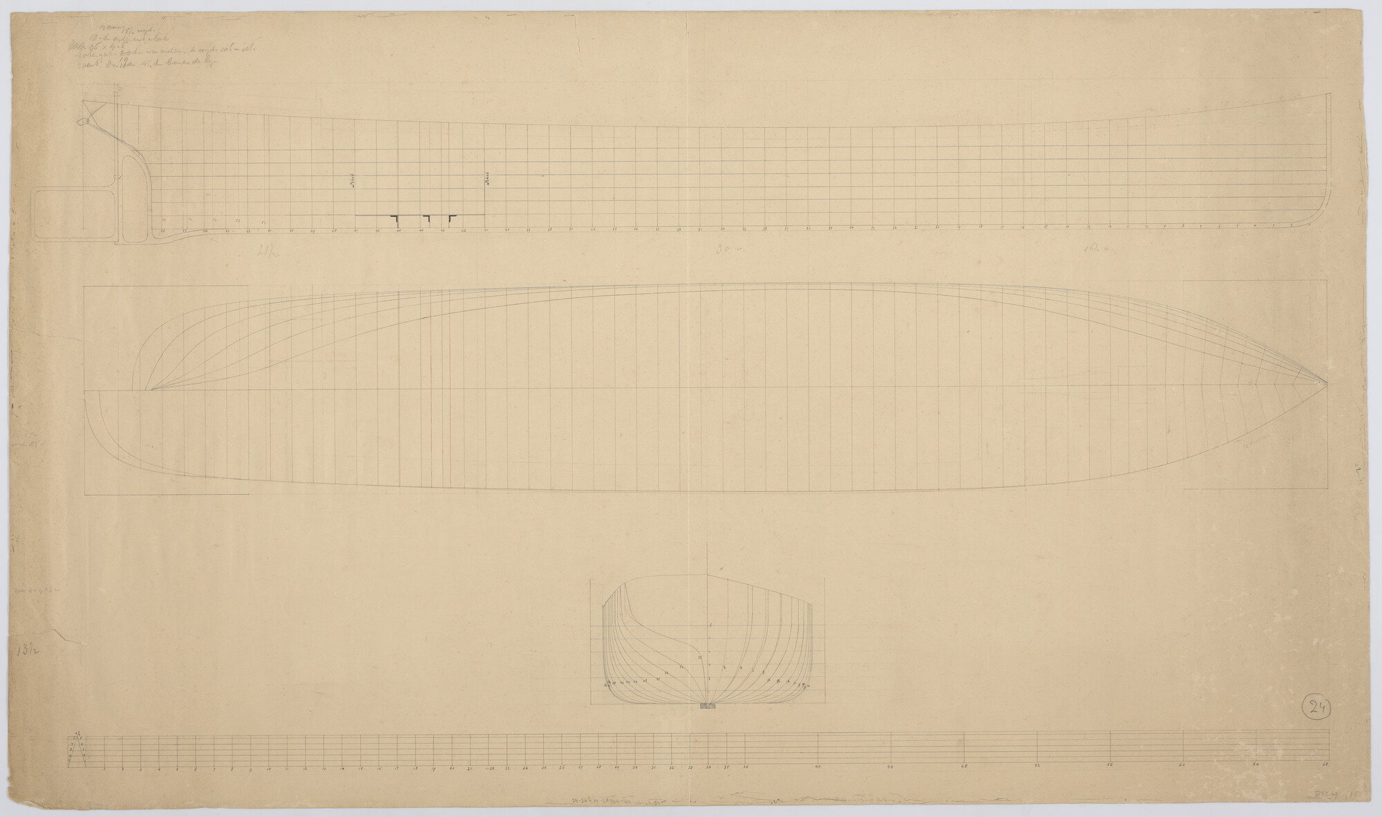 S.1225(03)28; Lijnenplan van het motorvrachtschip 'Stad Haarlem', omstreeks 1920; technische tekening