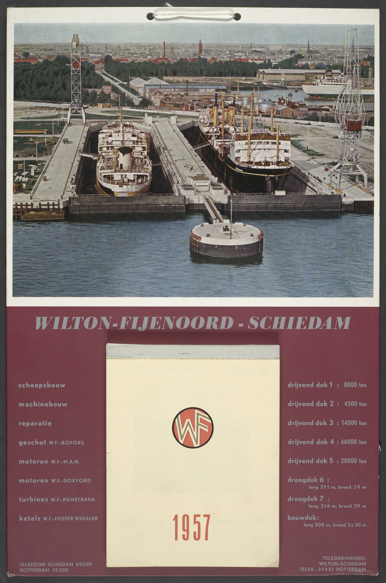 1993.0227; Kalender van de werf Dok en Werf Maatschappij Wilton-Fijenoord te Schiedam voor het jaar 1957; kalender