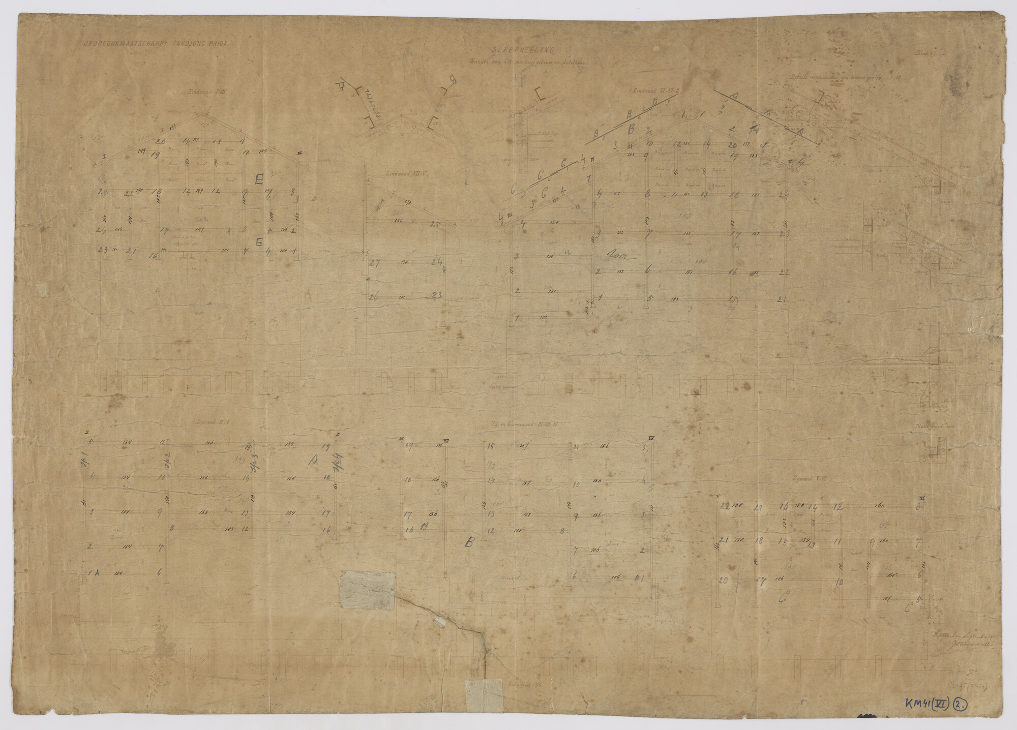 S.2175(5454); Doorsneden van de sleephellingoverkapping van de Droogdok Maatschappij 'Tandjong Priok'; technische tekening